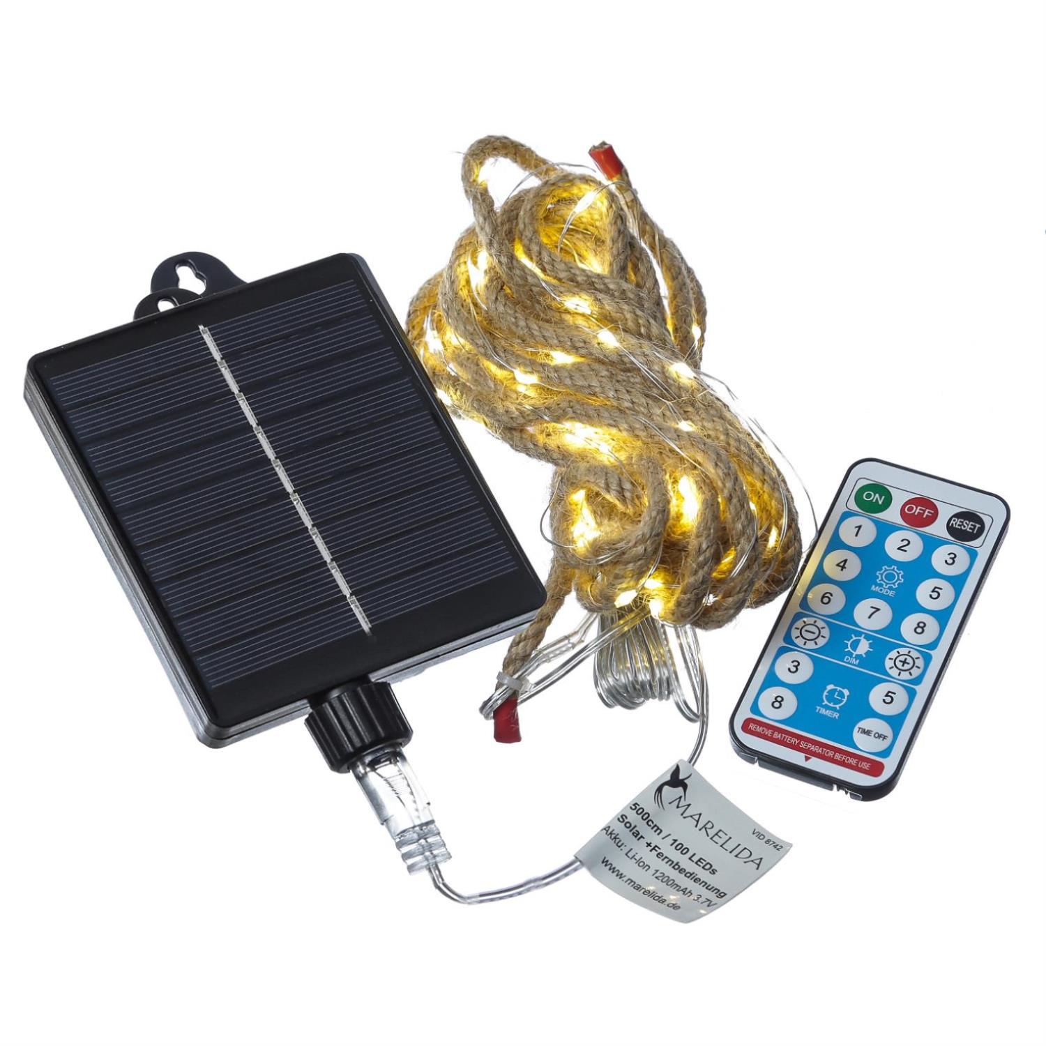 LED Solar Lichterkette Juteseil - 200 warmweisse LED - L- 10m - 8 Funktionen-USB - Fernbedienung