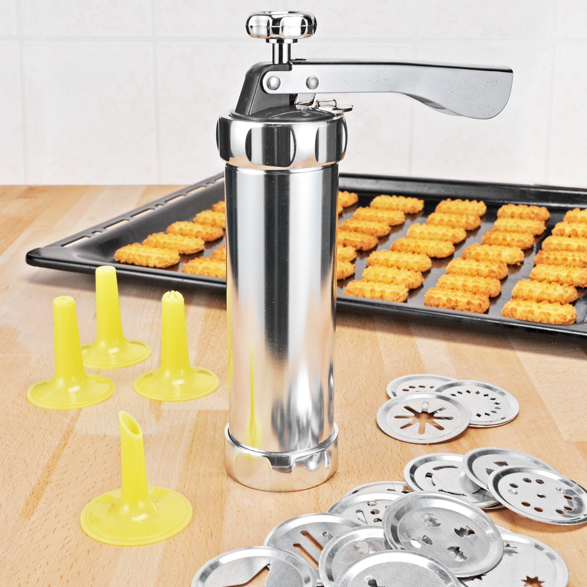 Gebäckpresse - Aluminium - 20 Formscheiben - D: 5,5cm, H: 21,5cm