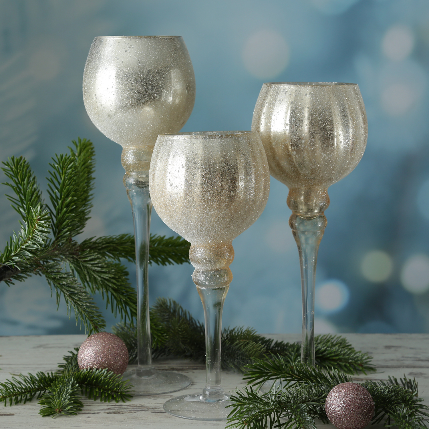 Kerzenhalter Kelch - Windlicht - Glas - H: 30cm/35cm/40cm - glitzernd - gold - 3er Set
