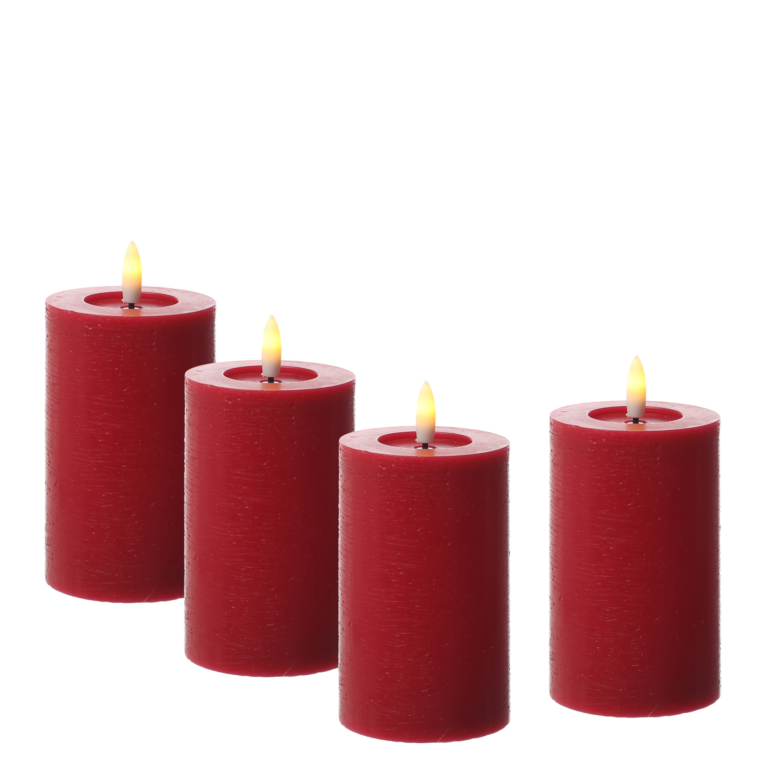 LED Kerzenset LINA - Rustik-Optik - Echtwachs - H: 11cm - D: 7cm - Timer - rot - 4er Set