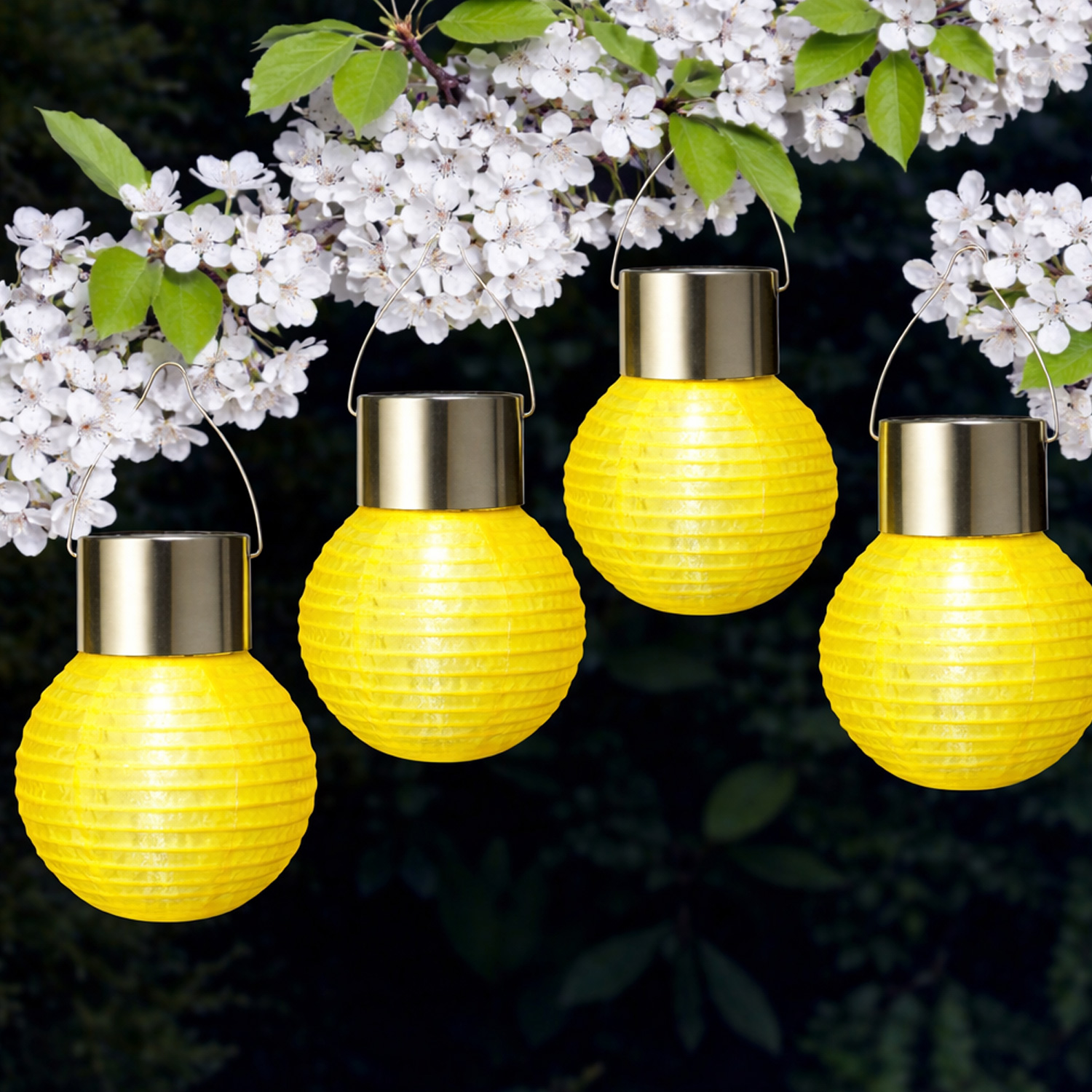 LED Solar Mini Lampions - kaltweiße LED - H: 9,5cm - D: 7cm - Lichtsensor - gelb - 4er Set