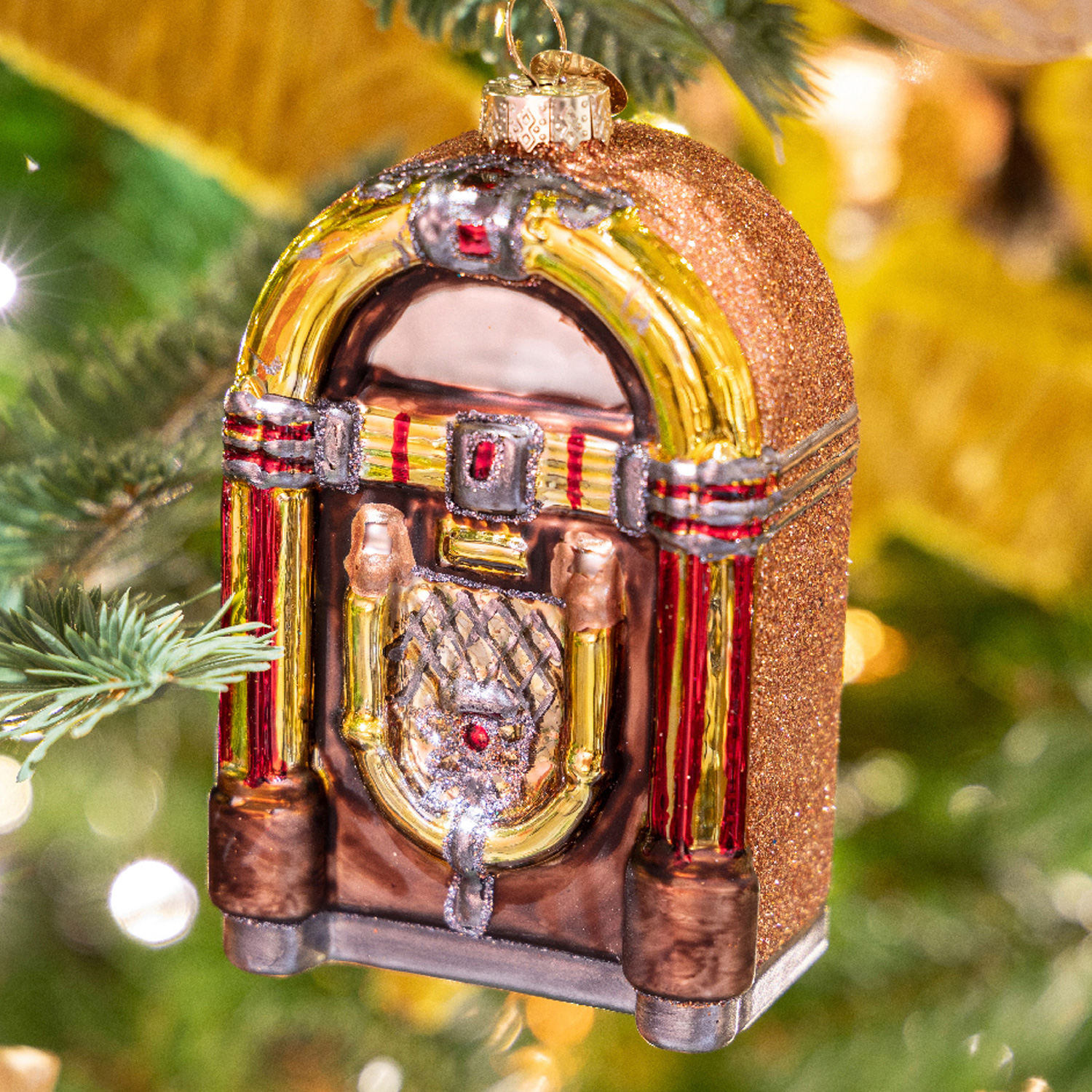 Weihnachtsbaumschmuck JUKEBOX - Glas - inkl. Aufhänger - glänzend und glitzernd - H: 11,5cm - braun Weihnachtsbaumschmuck JUKEBOX - Glas - inkl. Aufhänger - glänzend und glitzernd - H: 11,5cm - braun