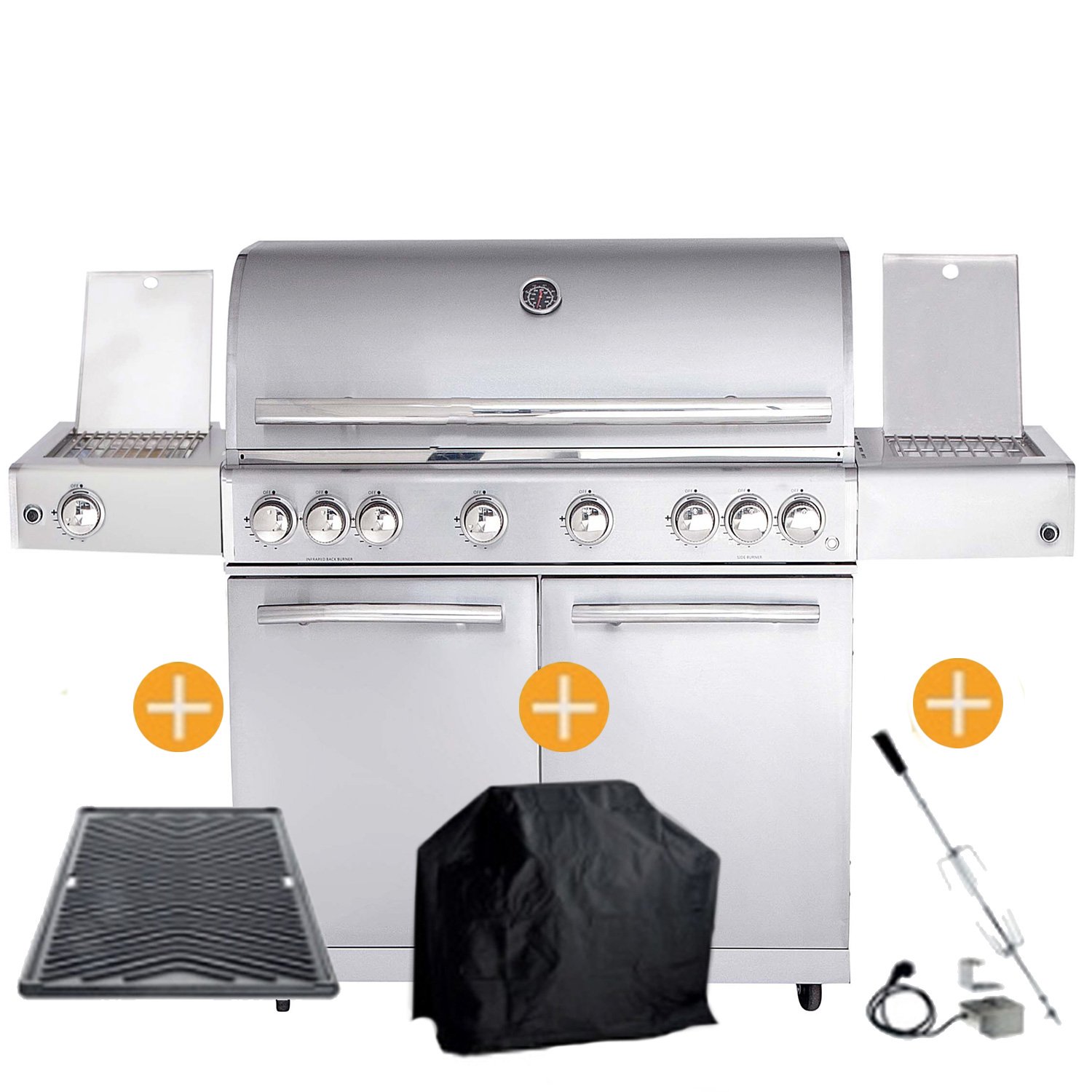 CHEF Paket XL3 silber 6 Brenner Backburner Seitenkocher Steakzone AIR System GRATIS: Cover, Grillplatte, Spieß