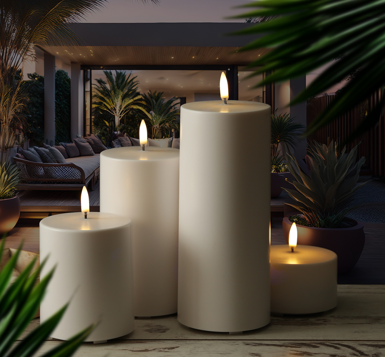 LED Kerzenset THEA - Kunststoff - 4 Größen - inkl. Batterien/Fernb. - bis zu 2500 Std. - für Außen LED Kerzenset THEA - Kunststoff - 4 Größen - inkl. Batterien/Fernb. - bis zu 2500 Std. - für Außen