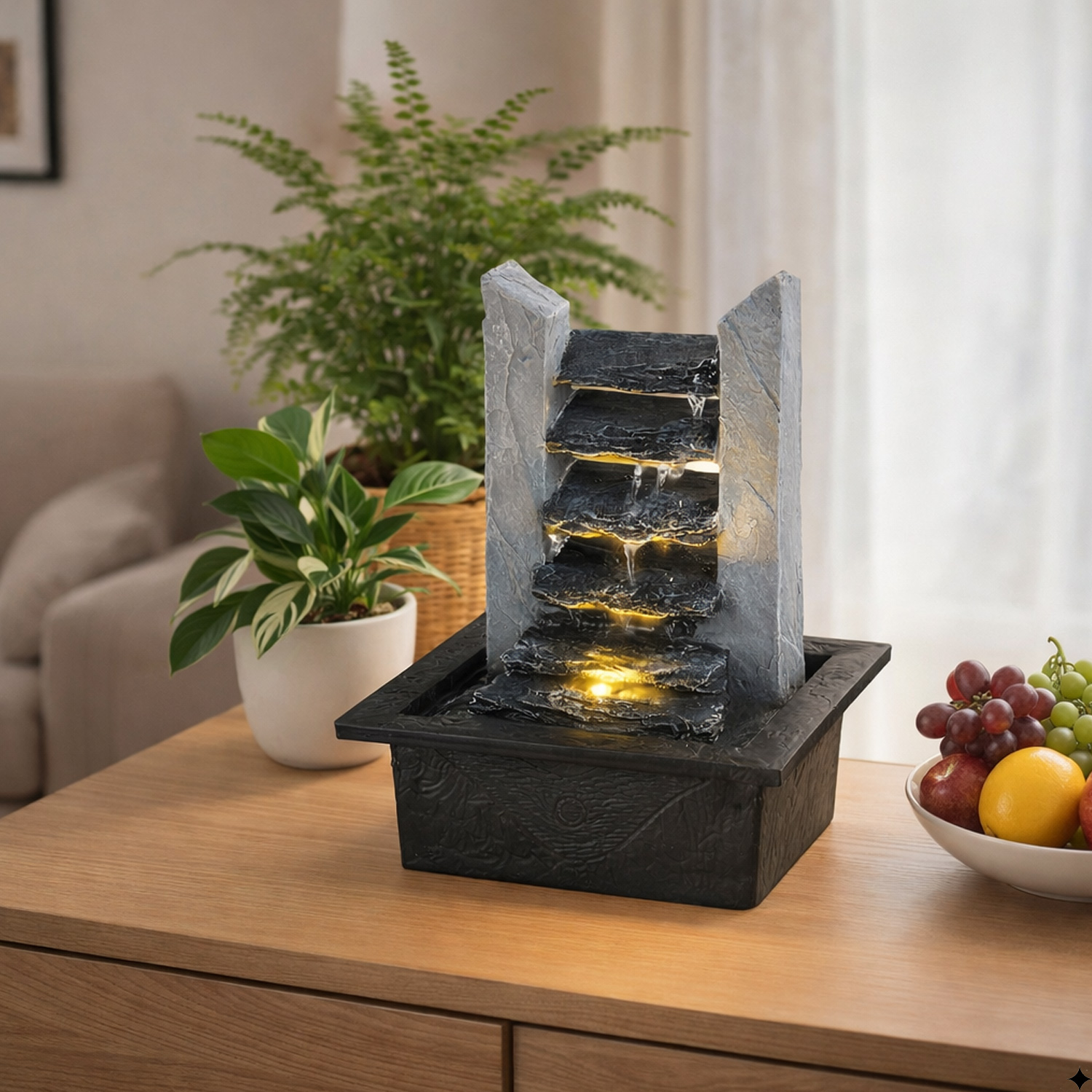 Kaskadenbrunnen Schieferlook Tischbrunnen mit LED H27cm