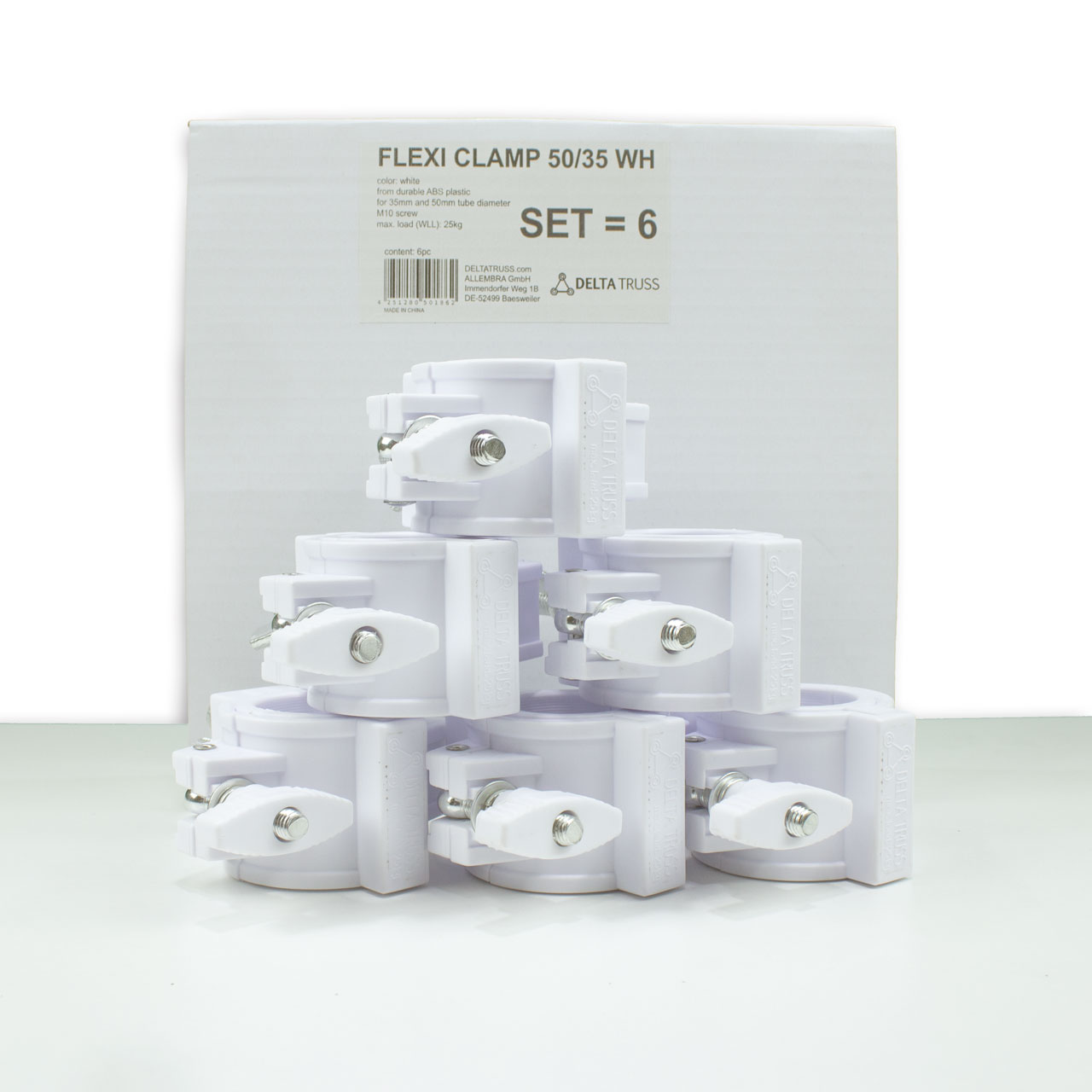 FLEXI CLAMP Set weiß (6 Stück) - Kunststoff-Klammer f. Traversen, Half-Coupler 50/35mm FLEXI CLAMP Set weiß (6 Stück) - Kunststoff-Klammer f. Traversen, Half-Coupler 50/35mm