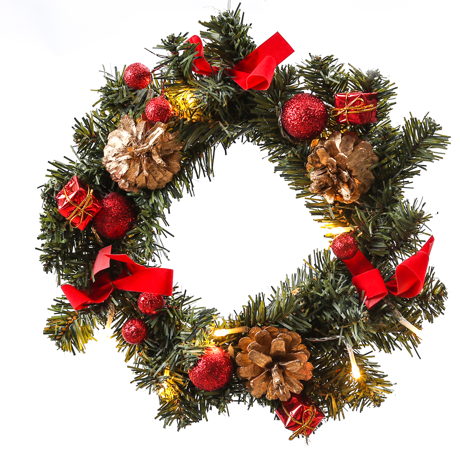 LED Tannenkranz mit Deko - Türkranz - D: 30cm - 10 warmweiße LED - Batterie - für Innen - rot/gold LED Tannenkranz mit Deko - Türkranz - D: 30cm - 10 warmweiße LED - Batterie - für Innen - rot/gold