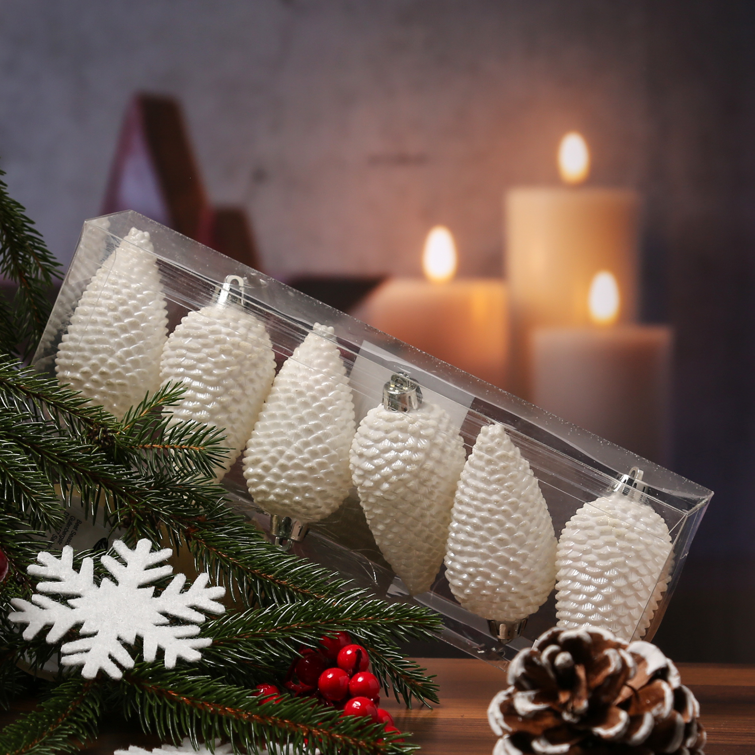 Christbaumschmuck ZAPFEN - Weihnachtsbaumschmuck - bruchfest - glitzernd - H: 8cm - weiß - 6er Set Christbaumschmuck ZAPFEN - Weihnachtsbaumschmuck - bruchfest - glitzernd - H: 8cm - weiß - 6er Set