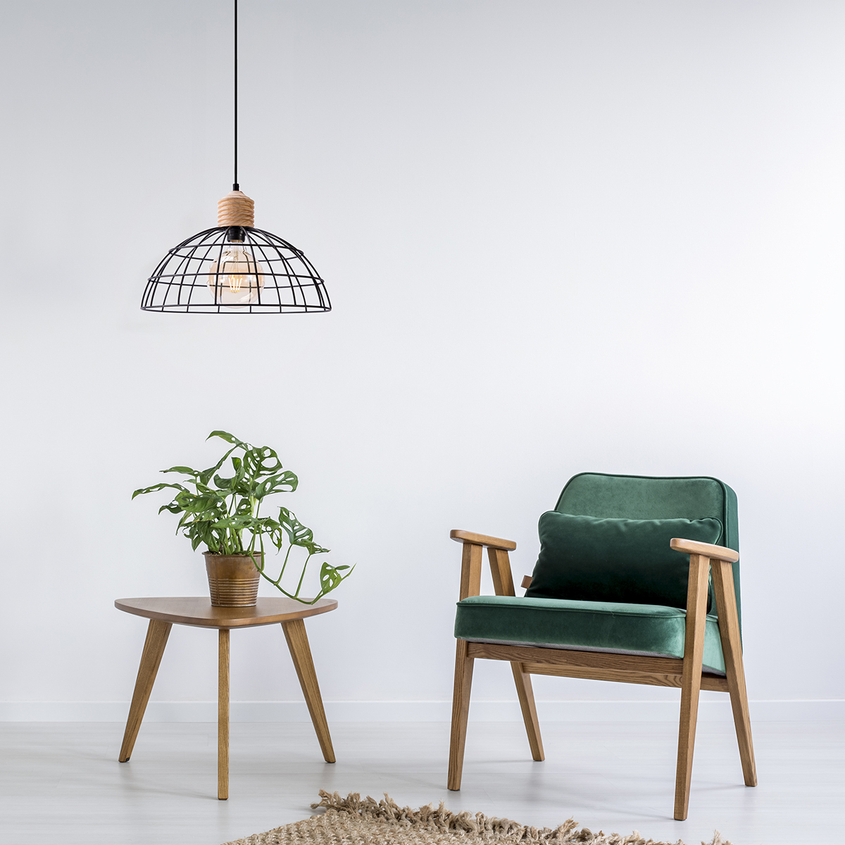Pendelleuchte VINTO schwarz - Draht und Holz - E27 - 30cm Durchmesser - 1m Kabel