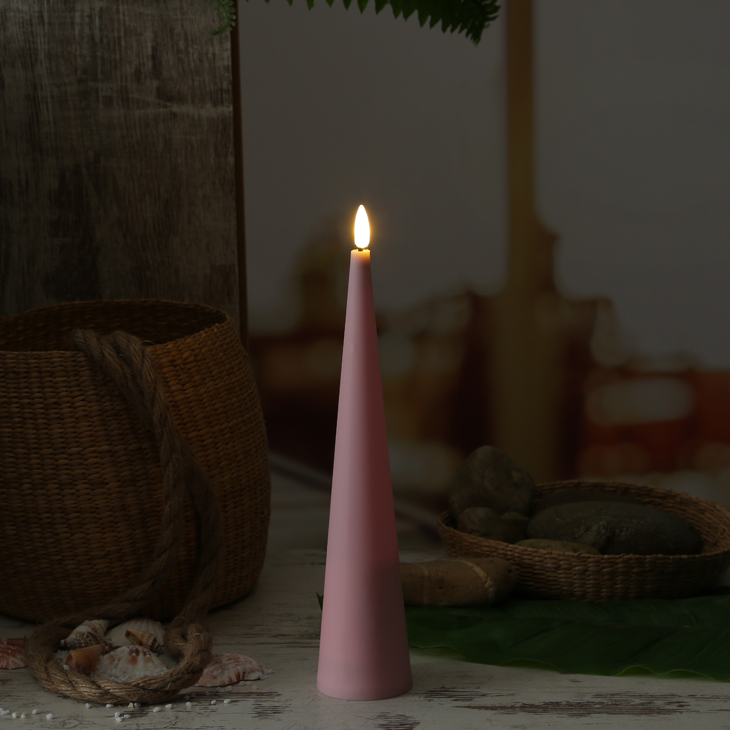 LED Kegelkerze - Kunststoff - realistische 3D Flamme - H: 25cm - Timer - für Außen - rosa LED Kegelkerze - Kunststoff - realistische 3D Flamme - H: 25cm - Timer - für Außen - rosa