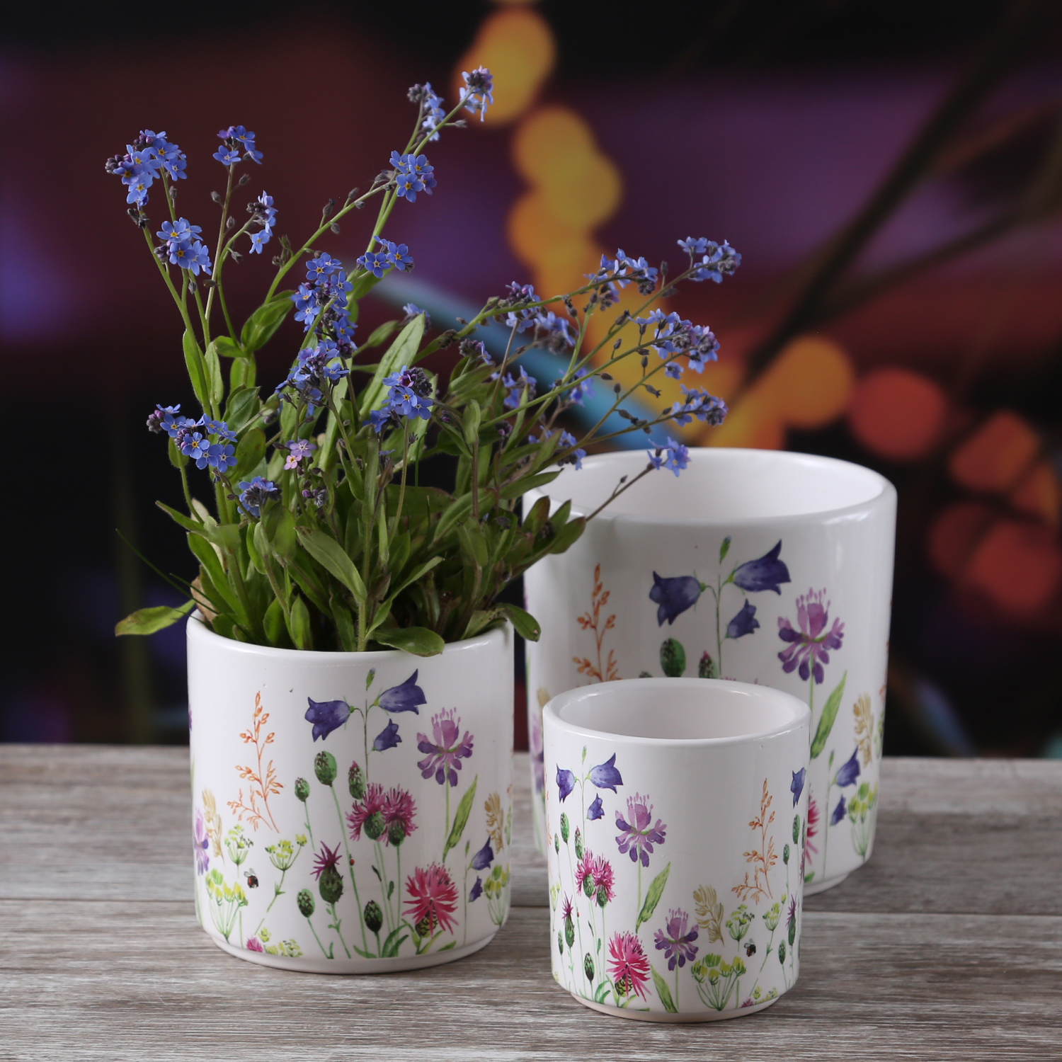Blumentöpfe mit Wildblumen Motiv - Übertöpfe - 3 verschiedene Größen - bunt - 3er Set Blumentöpfe mit Wildblumen Motiv - Übertöpfe - 3 verschiedene Größen - bunt - 3er Set