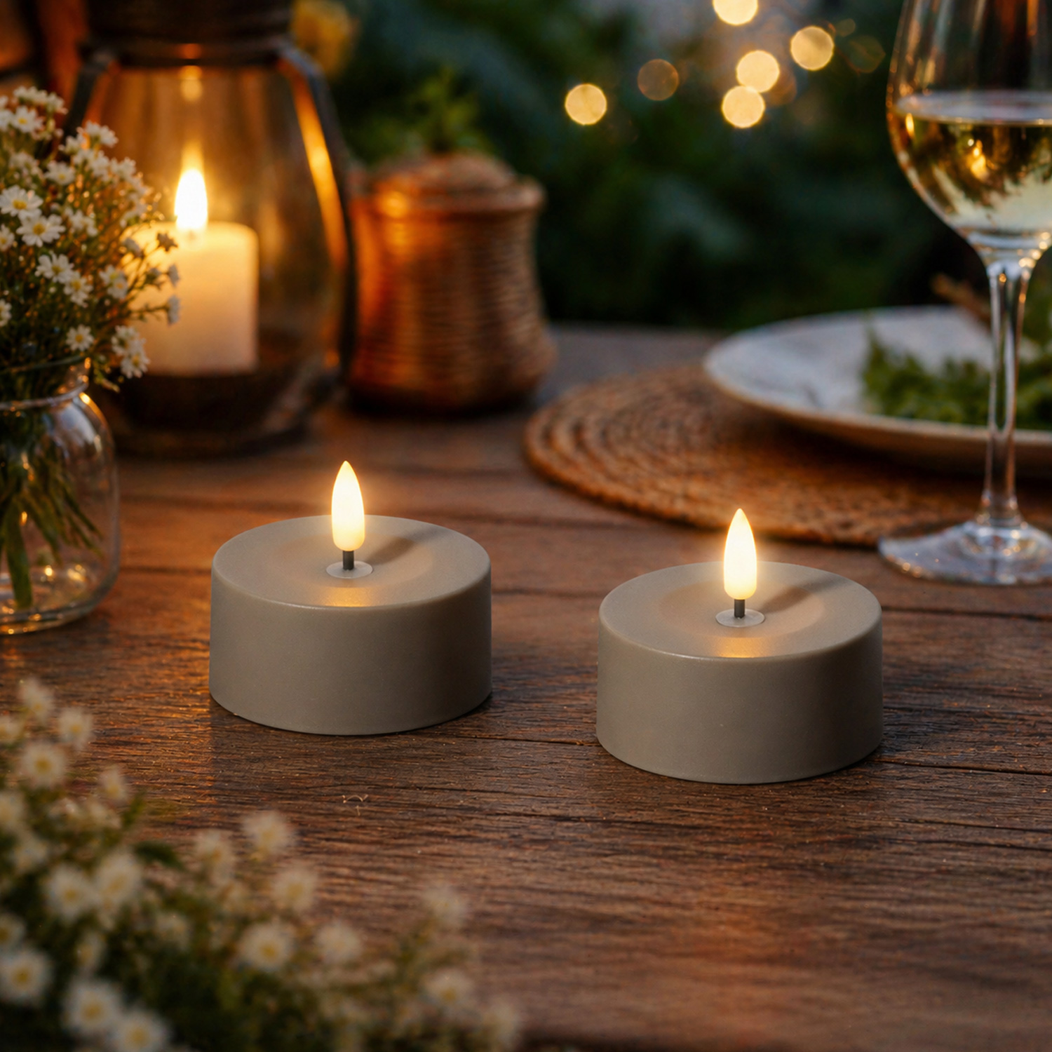 LED Solar Maxi Teelichter - XL Outdoor Teelichter - D: 7cm - Lichtsensor - grau - 2er Set