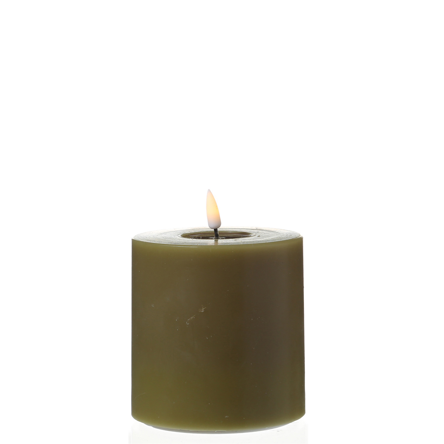 LED Stumpenkerze MIA - Echtwachs - realistische 3D Flamme - H: 10cm - D: 10cm - olivgrün LED Stumpenkerze MIA - Echtwachs - realistische 3D Flamme - H: 10cm - D: 10cm - olivgrün