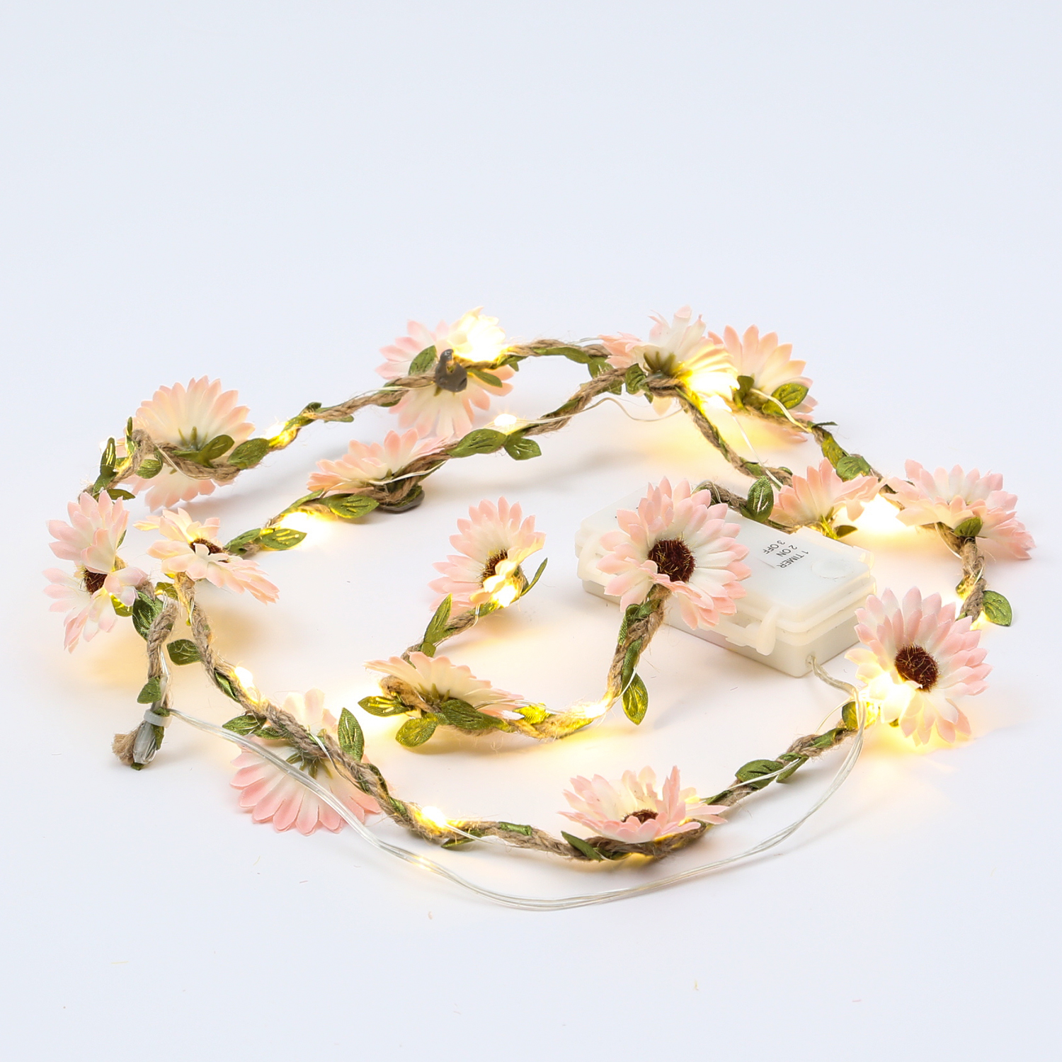 LED Lichterkette Blumen - 20 warmweiße LED - Batterie - Timer - L: 1,45m - für Außen - rosa