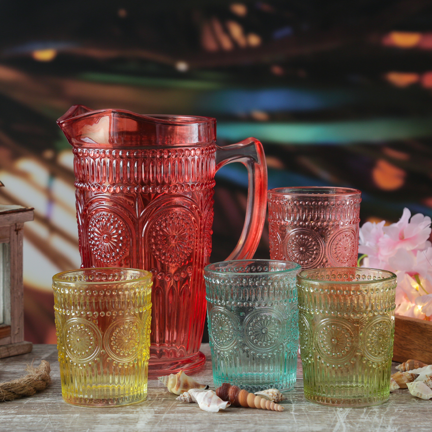 Krug Vintage mit Blumenmuster - Glas - Kanne - Boho Stil - 1,4l - rot