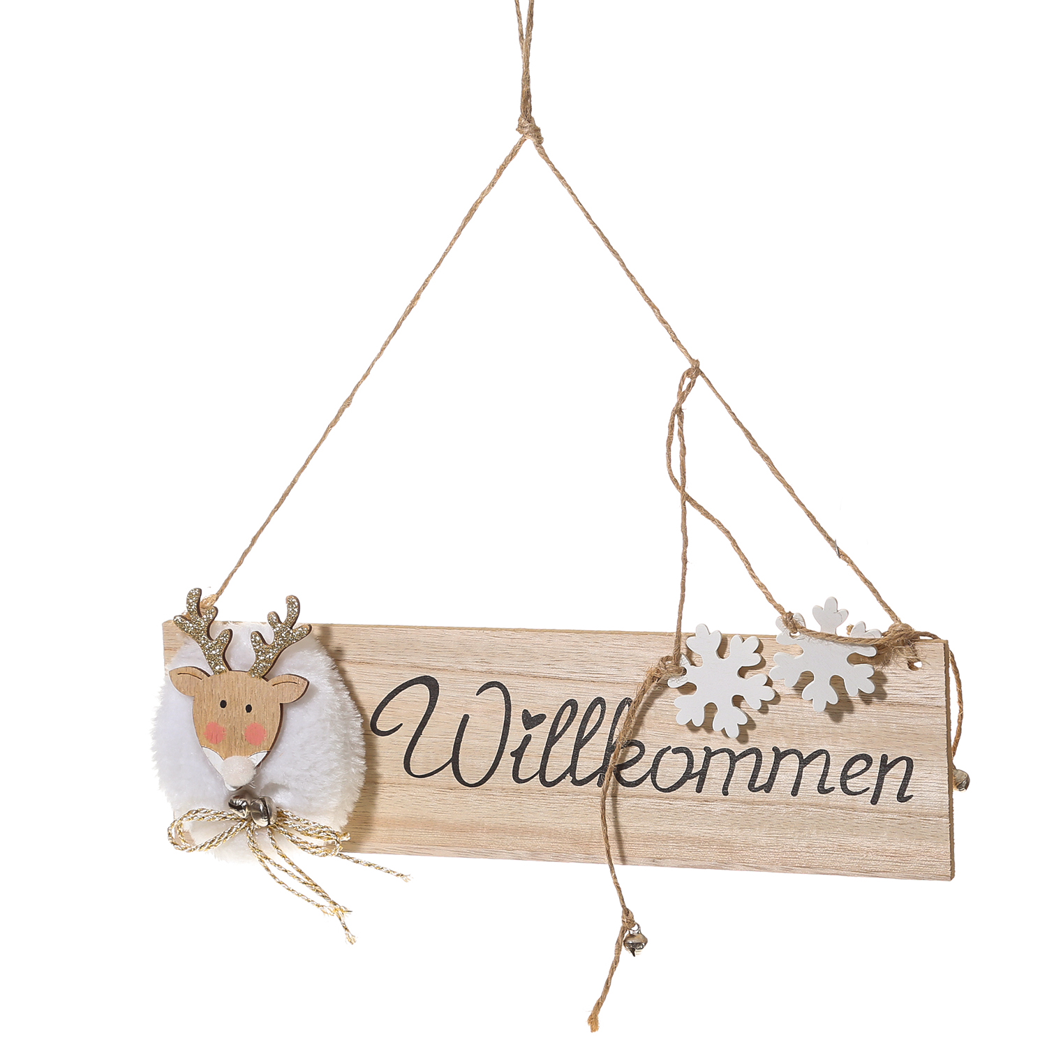 Willkommensschild Rentier mit kleinen Glocken - Türschild - Holz - hängend - L: 28cm - natur, weiß Willkommensschild Rentier mit kleinen Glocken - Türschild - Holz - hängend - L: 28cm - natur, weiß