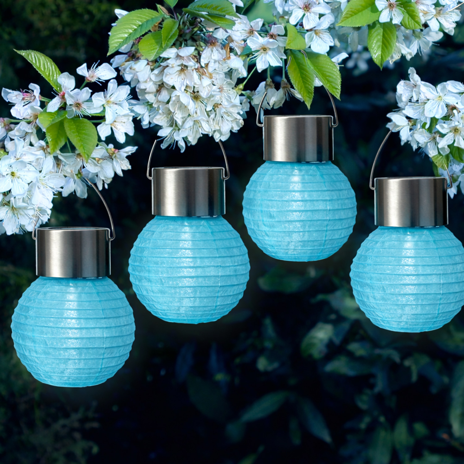 LED Solar Mini Lampions - kaltweiße LED - H: 9,5cm - D: 7cm - Lichtsensor - blau - 4er Set