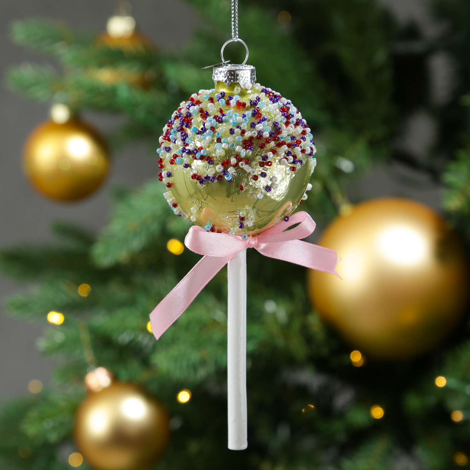 Weihnachtsbaumschmuck Lolli - mit Perlen verziert - Glas - Christbaumschmuck - H: 16cm - gold Weihnachtsbaumschmuck Lolli - mit Perlen verziert - Glas - Christbaumschmuck - H: 16cm - gold