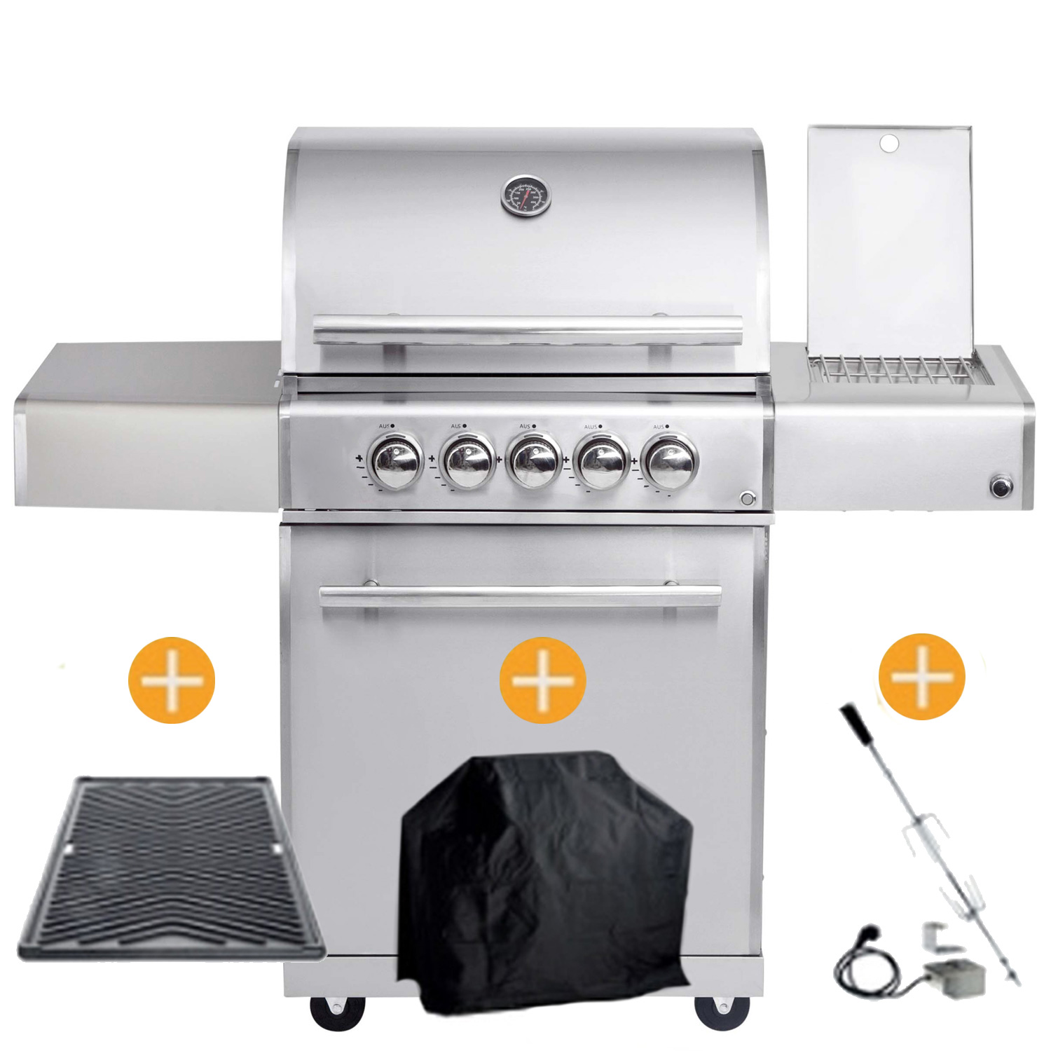 CHEF Paket M1 - Basis silber 3 Brenner Backburner Seitenkocher GRATIS: Cover, Grillplatte, Spieß