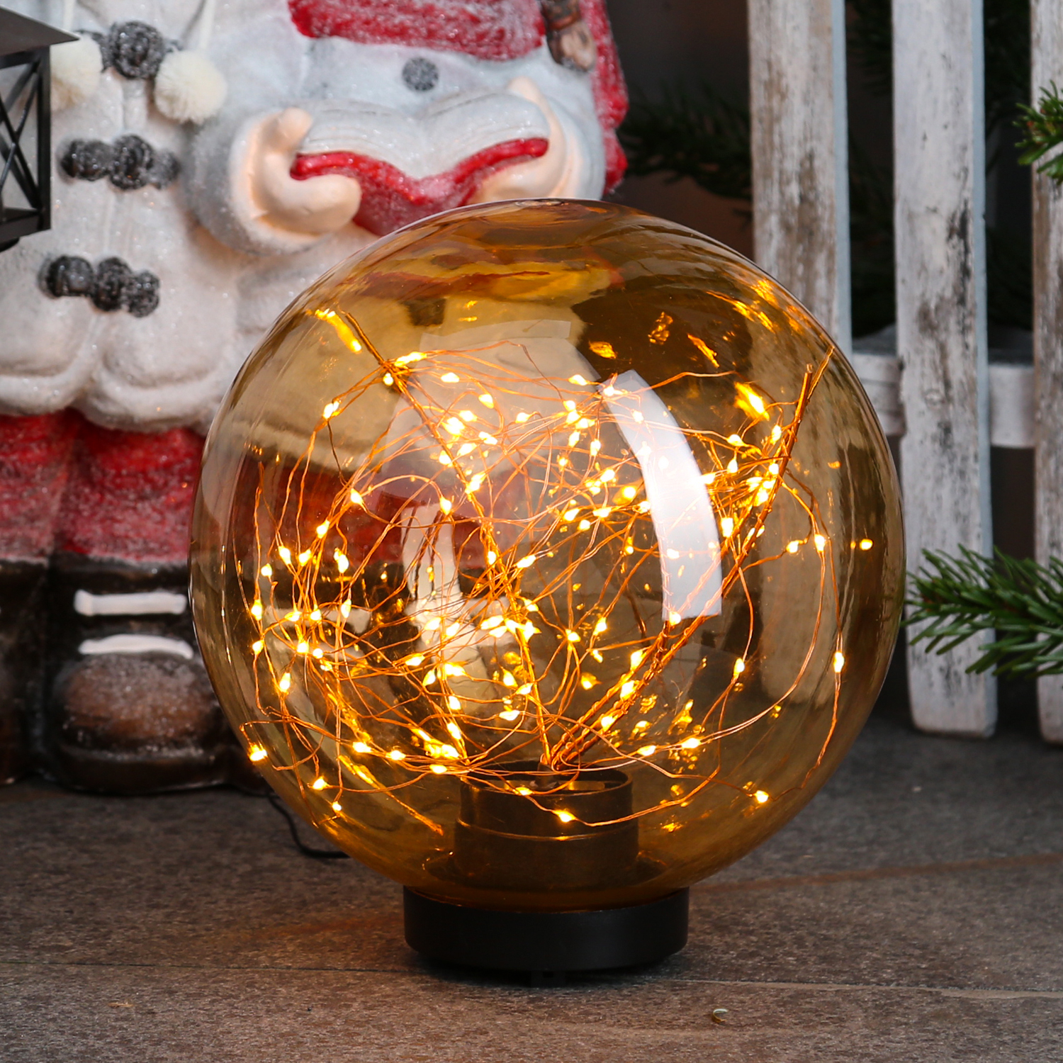LED Kugel mit Drahtlicherkette - stehend - 100 bernsteinfarbene LED - D: 25cm - f. Außen - amber