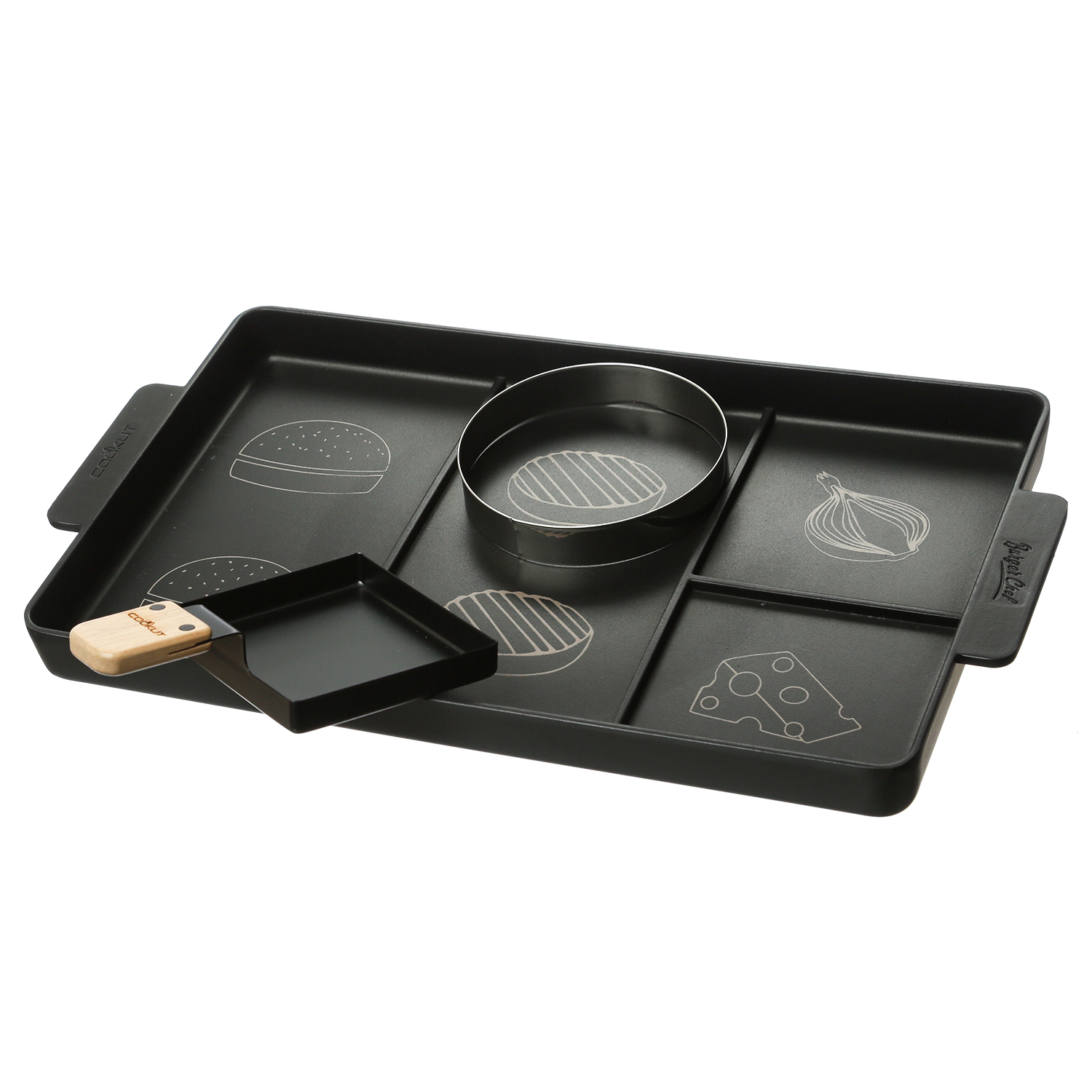 Cookut Burger Chef - Burger Set - Anrichteplatte für Burger 40x23cm - Burgerring, Pfännchen - 3in1