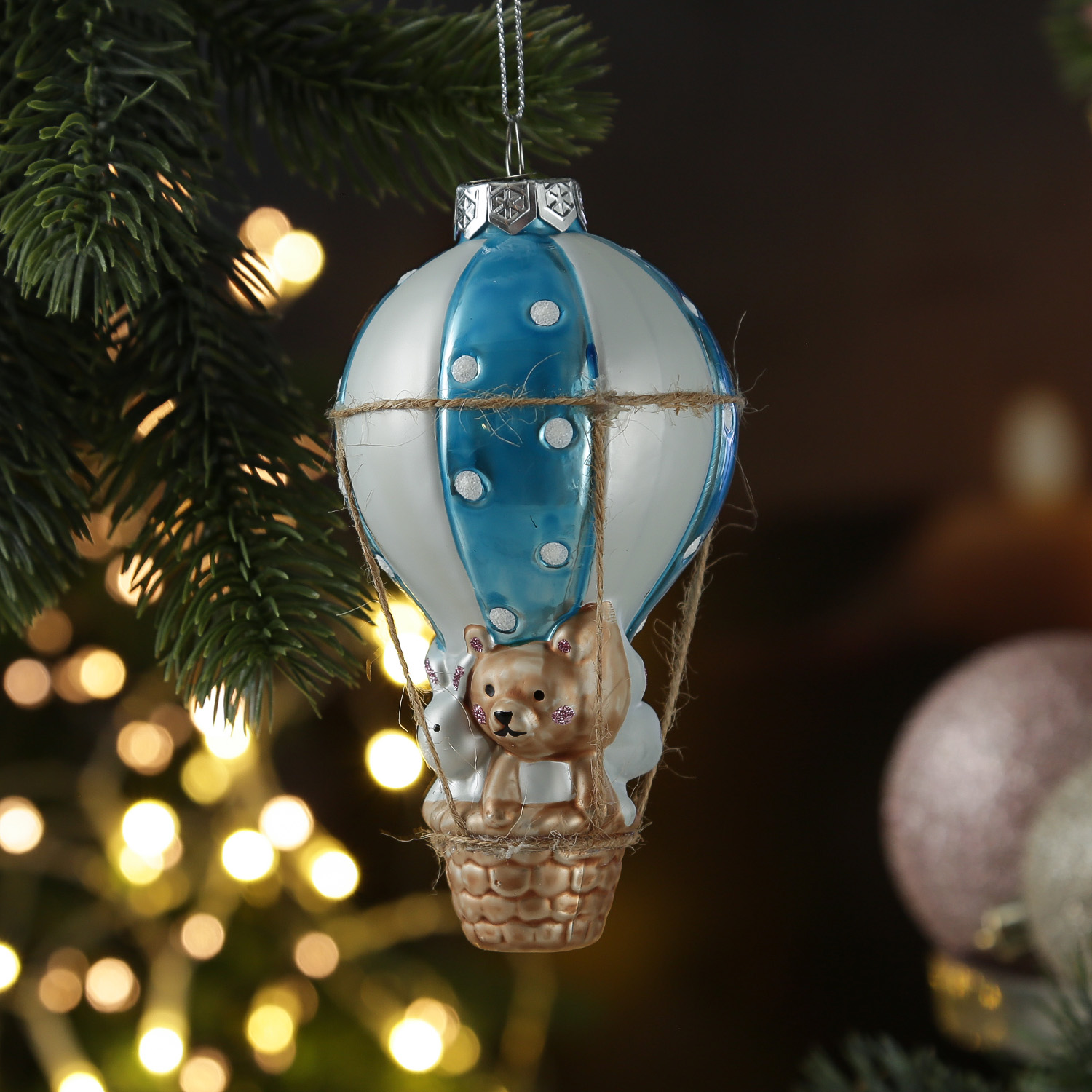 Weihnachtsbaumschmuck BALLON mit Bärchen und Hase - Glas - H: 13cm - blau Weihnachtsbaumschmuck BALLON mit Bärchen und Hase - Glas - H: 13cm - blau
