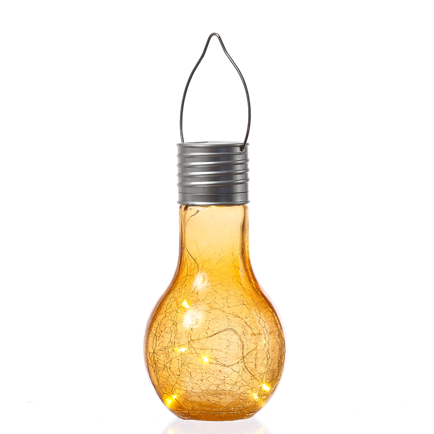 LED Solar Glühbirne CRACKLE GLOW - warmweiße LED Drahtlichterkette - H: 17cm - Lichtsensor - orange