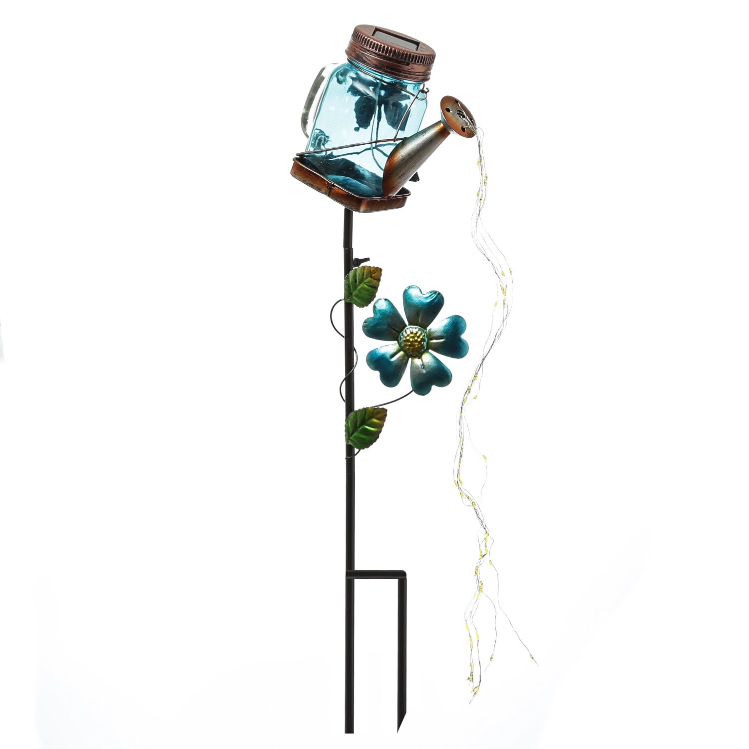 LED Solar Gießkanne mit Wasserfall Lichterkette - Solarglas mit Schmetterling - H: 80cm - Sensor