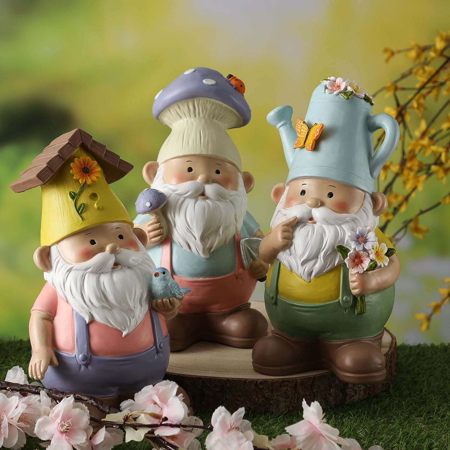 Gartenzwerg mit Vogelhaus-Mütze - Zwerg mit Vögelchen - Gartenfigur aus Polyresin - H: 24,5cm