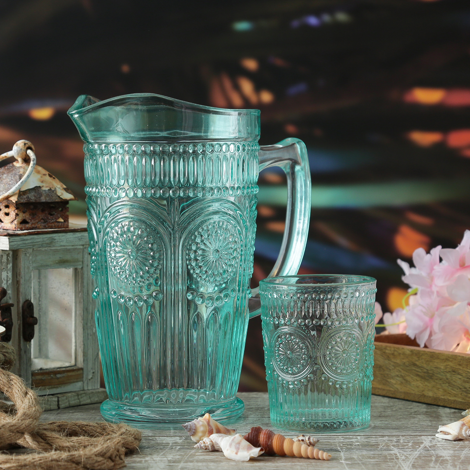 Trinkglas Vintage - Glas - lebensmittelecht - 280ml - H: 10cm - mit Muster - blau