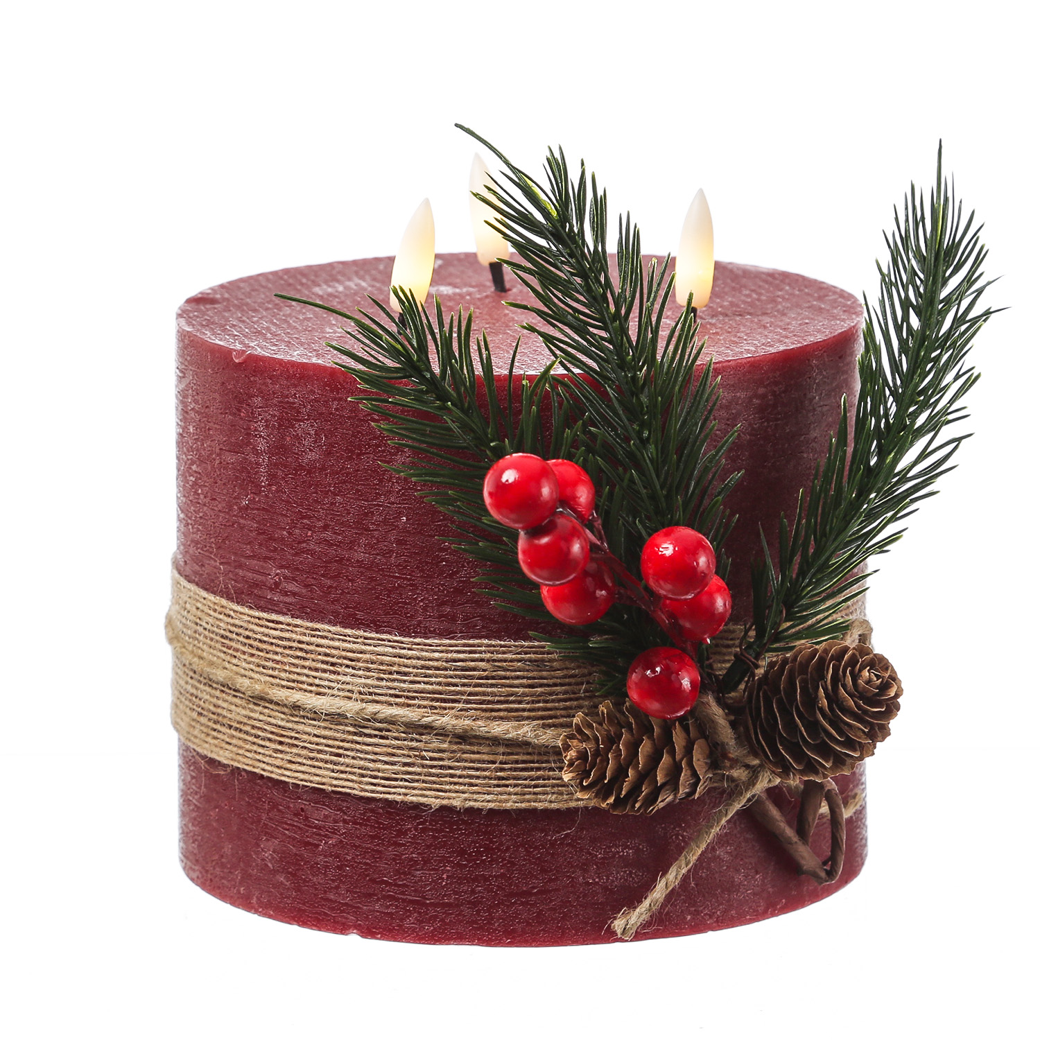 XXL LED Kerze - 3-Docht - Echtwachs - Timer - H: 15cm D: 15cm - rot