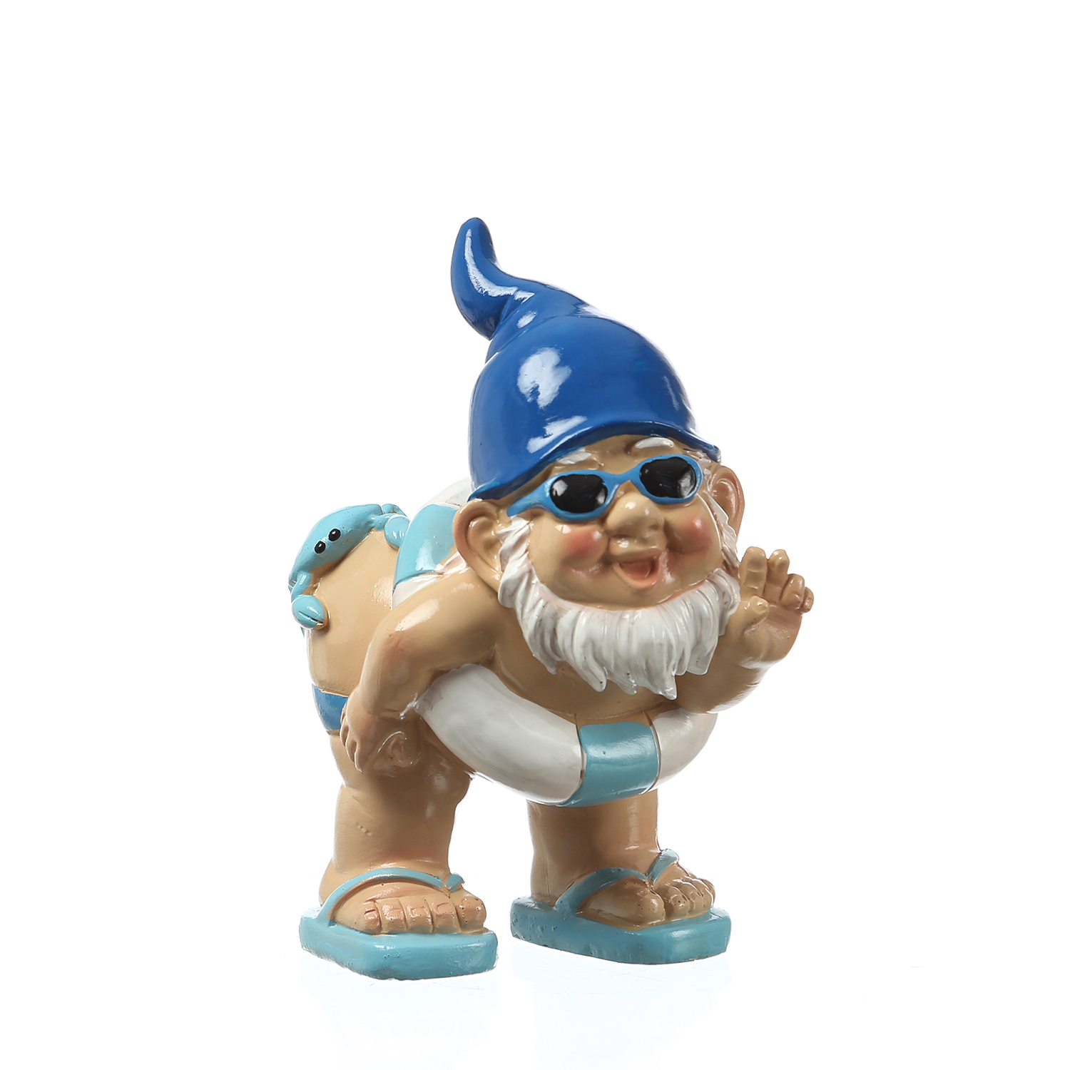 Gartenzwerg Hose Runter mit Schwimmring - Maritimer Zwerg mit Krabbe auf Po  - Polyresin - H: 18cm