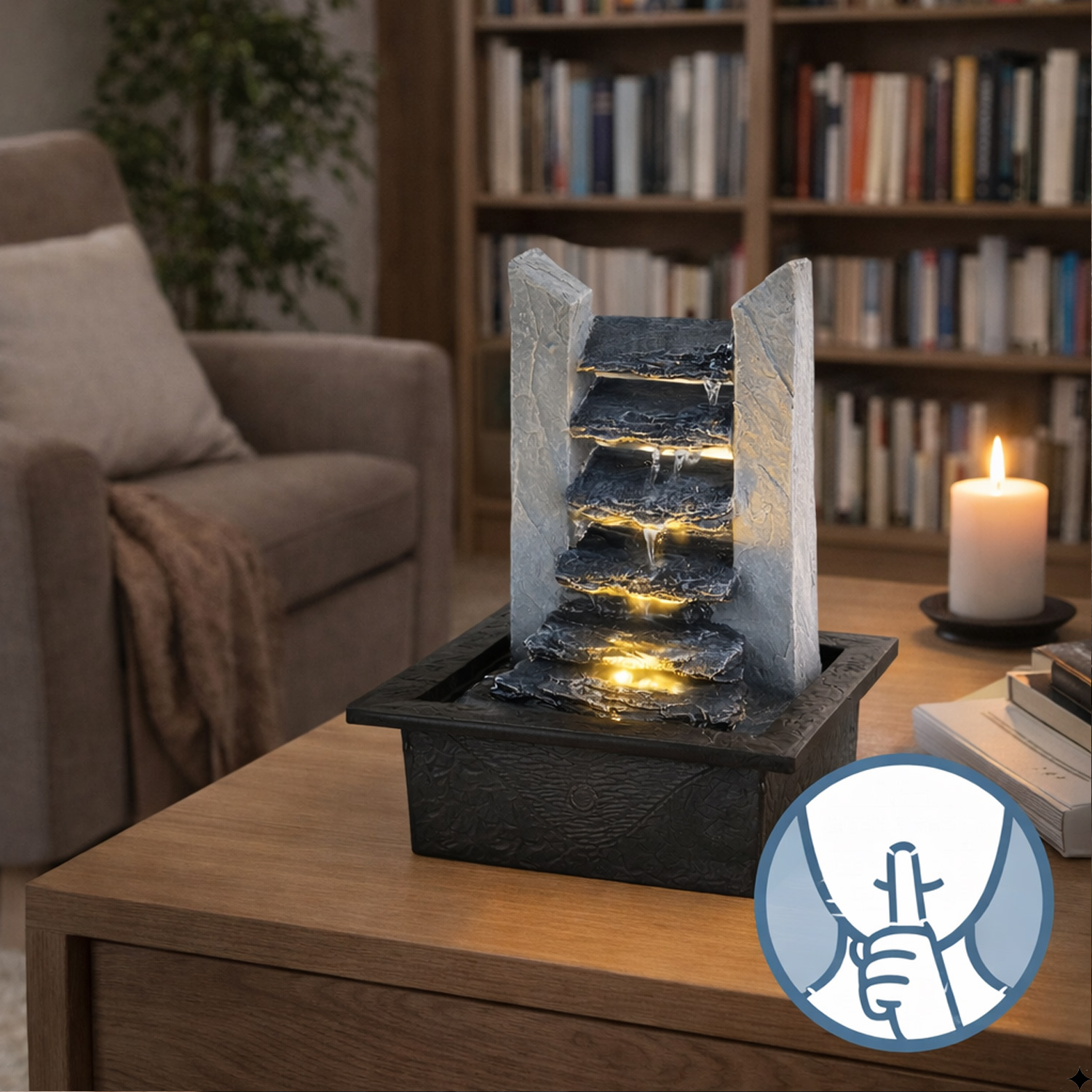 Kaskadenbrunnen Schieferlook Tischbrunnen mit LED H27cm