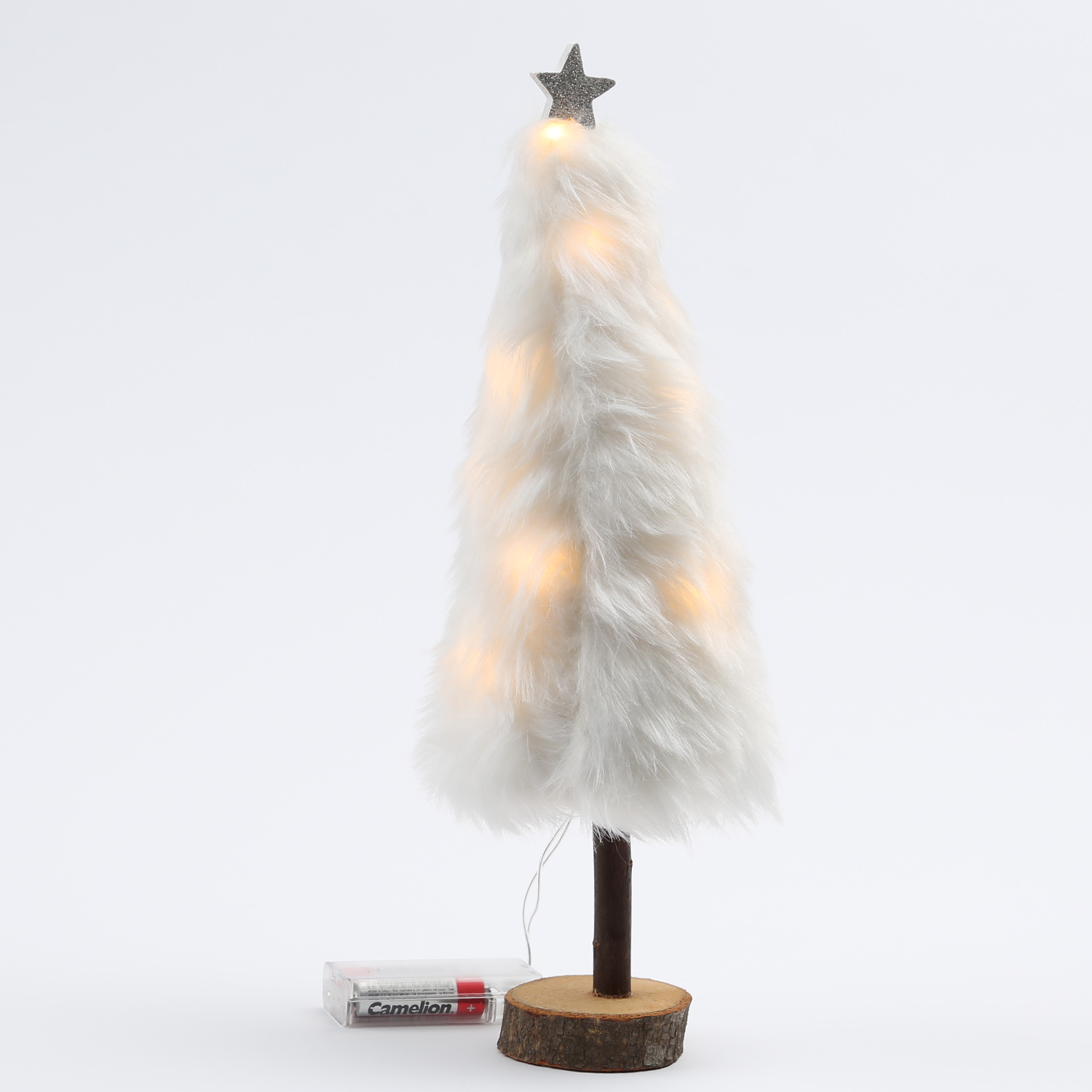 LED Dekobaum PLÜSCH - Holz - Plüschfell - warmweiße LED - Sternspitze - H: 36,5cm - Batterie - weiß LED Dekobaum PLÜSCH - Holz - Plüschfell - warmweiße LED - Sternspitze - H: 36,5cm - Batterie - weiß