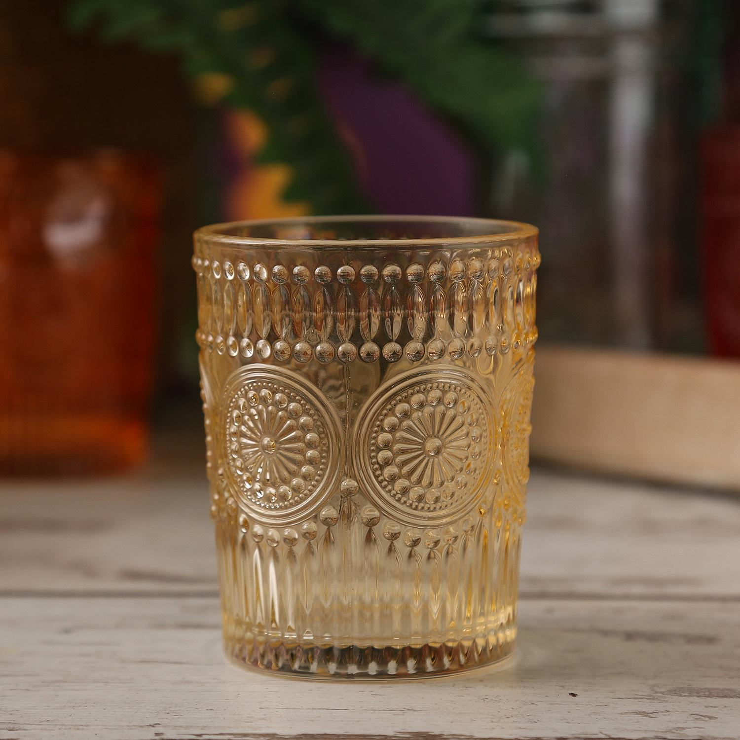Trinkglas Vintage - Glas - lebensmittelecht - 280ml - H: 10cm - mit Muster - gelb