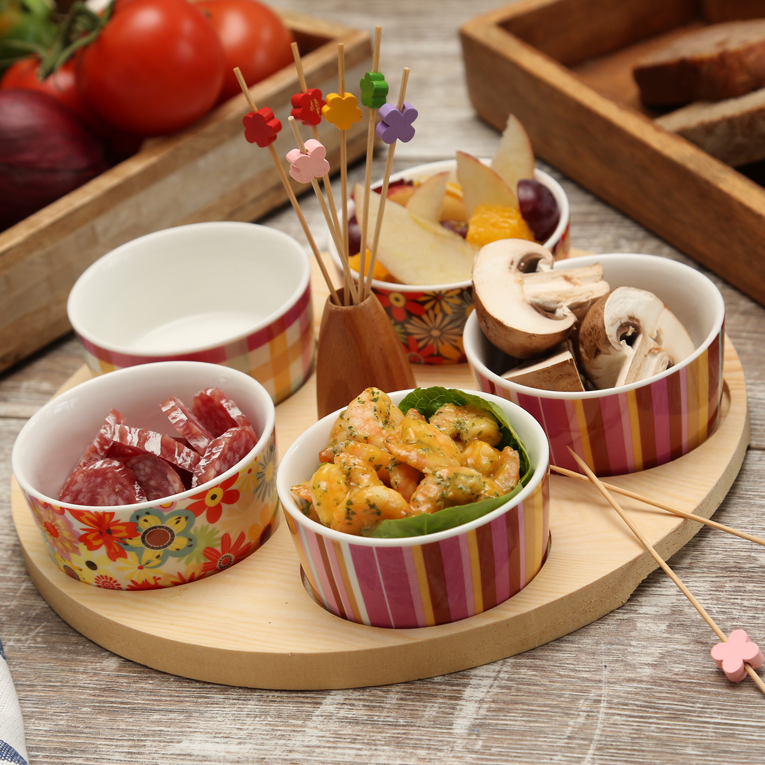 Tapas Platte - Servierset - Rundes Tablett mit 5 Schalen u. Fingerfood-Spießen - D: 25cm - Porzellan