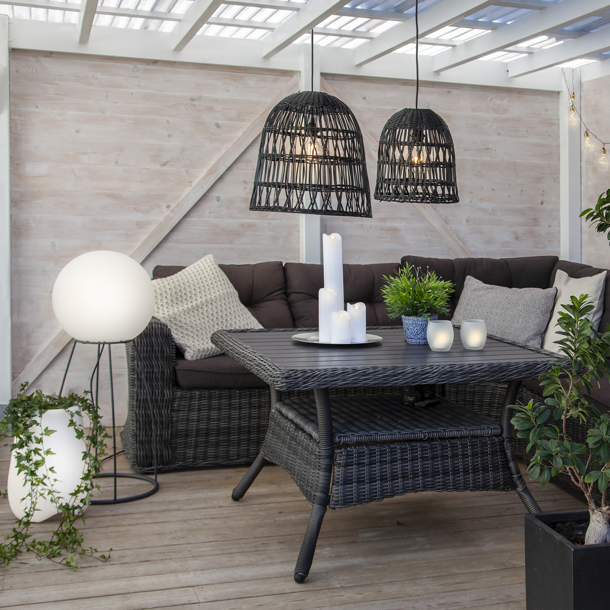 Lampenschirm BELL wetterfest - Rattan-Optik - mit E27 Kabelfassung - D: 30cm/H: 33cm - schwarz