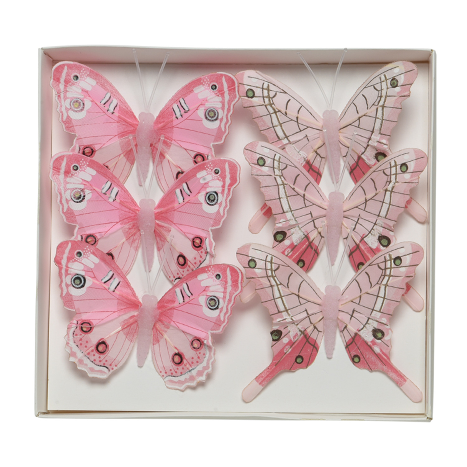 Deko Schmetterlinge - aus Federn - am Draht - H: 6,5cm - 2 Motive - rosa - 6er Set Deko Schmetterlinge - aus Federn - am Draht - H: 6,5cm - 2 Motive - rosa - 6er Set