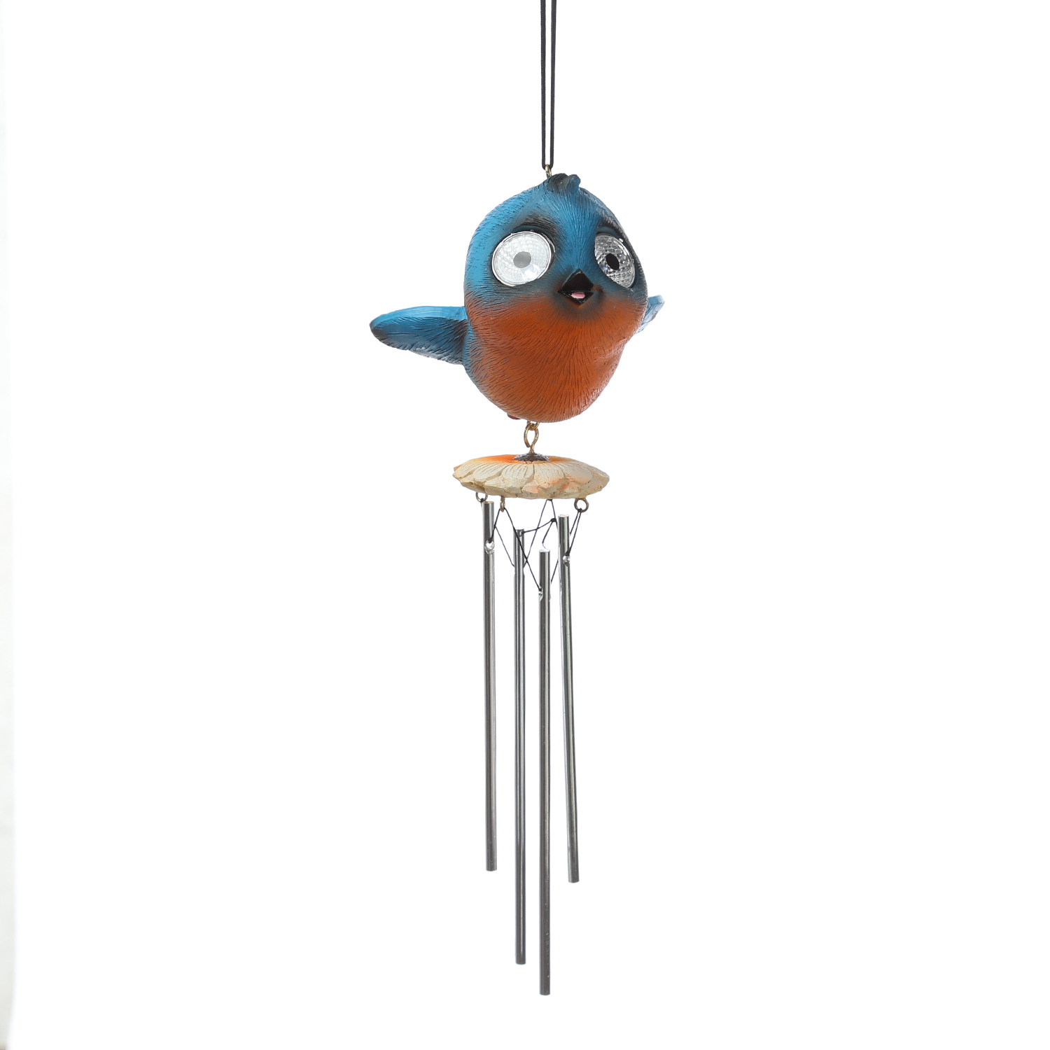 LED Solar Windspiel Vogel - Klangspiel mit Vögelchen mit leuchtenden Augen - H: 29cm - Lichtsensor