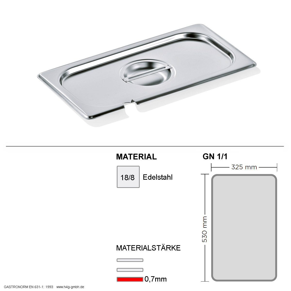 Gastronorm Deckel GN 1/1 - mit Löffelaussparung -  GN90 - 18/8 Edelstahl - 0,7mm