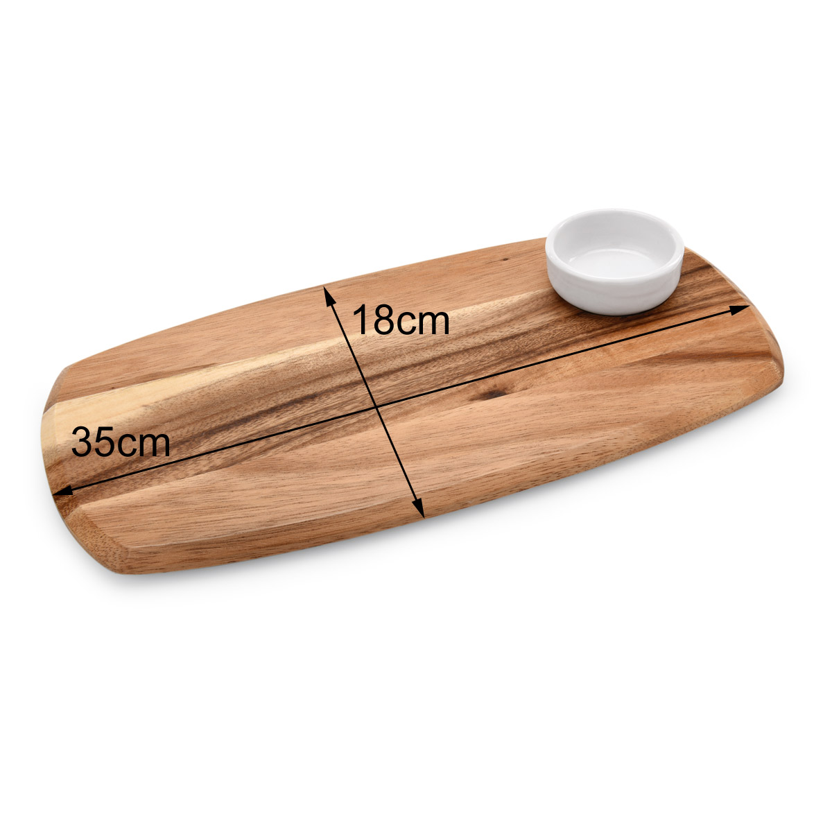 Servierset mit Dipschale - Akazienholz - 35 x 18 x 1,5cm - mit Porzellanschlale