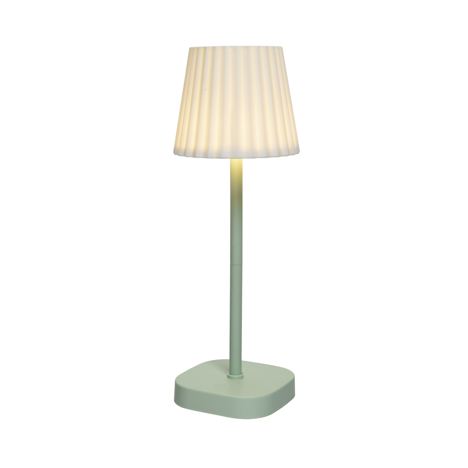 B-Ware XXX LED Garten Tischlampe - H: 34cm - weißer Lampenschirm, D: 12cm - Dimmer - USB - Außen - mint/grün