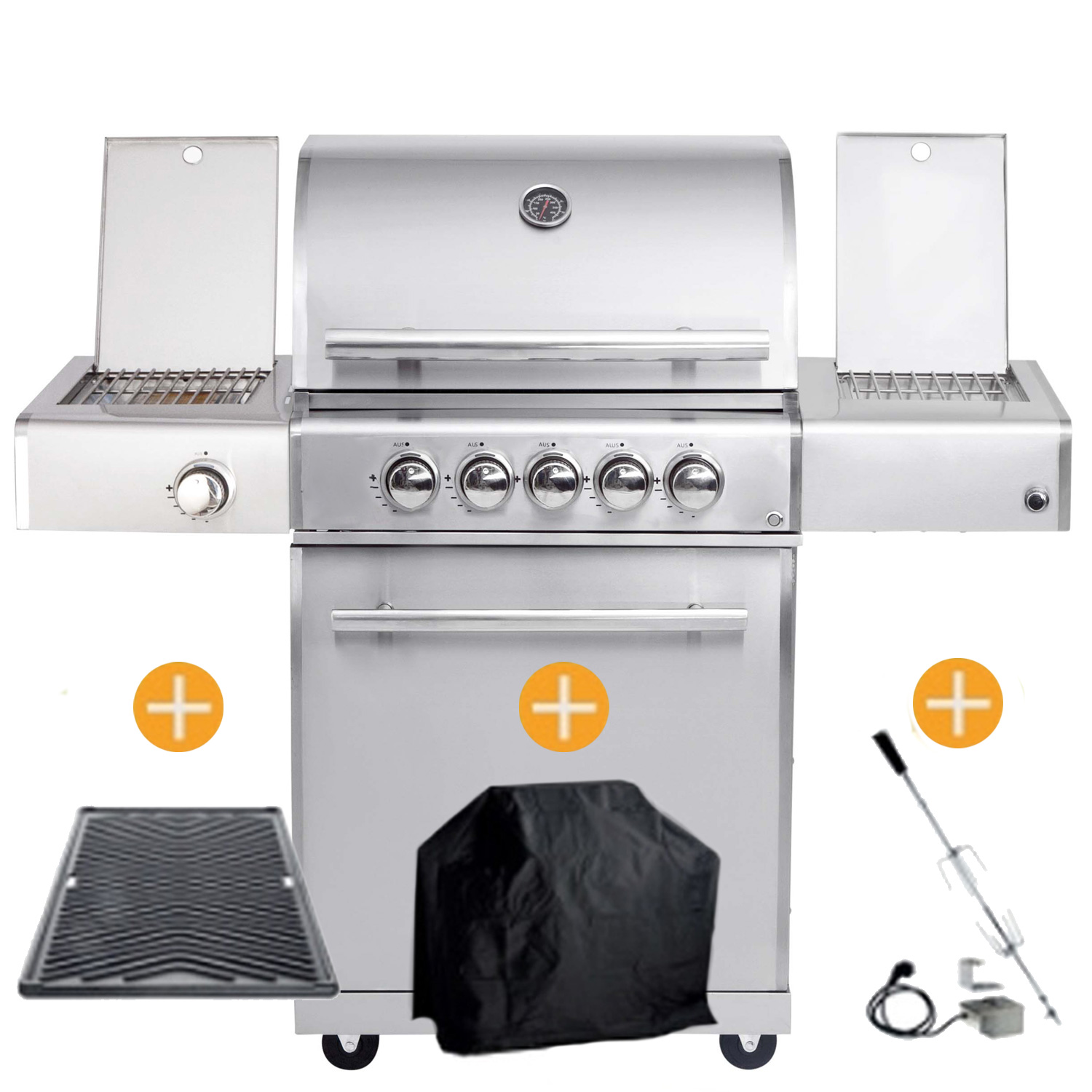 CHEF Paket M3 silber 3 Brenner Backburner Seitenkocher Steakzone AIR System GRATIS: Cover, Grillplatte, Spieß