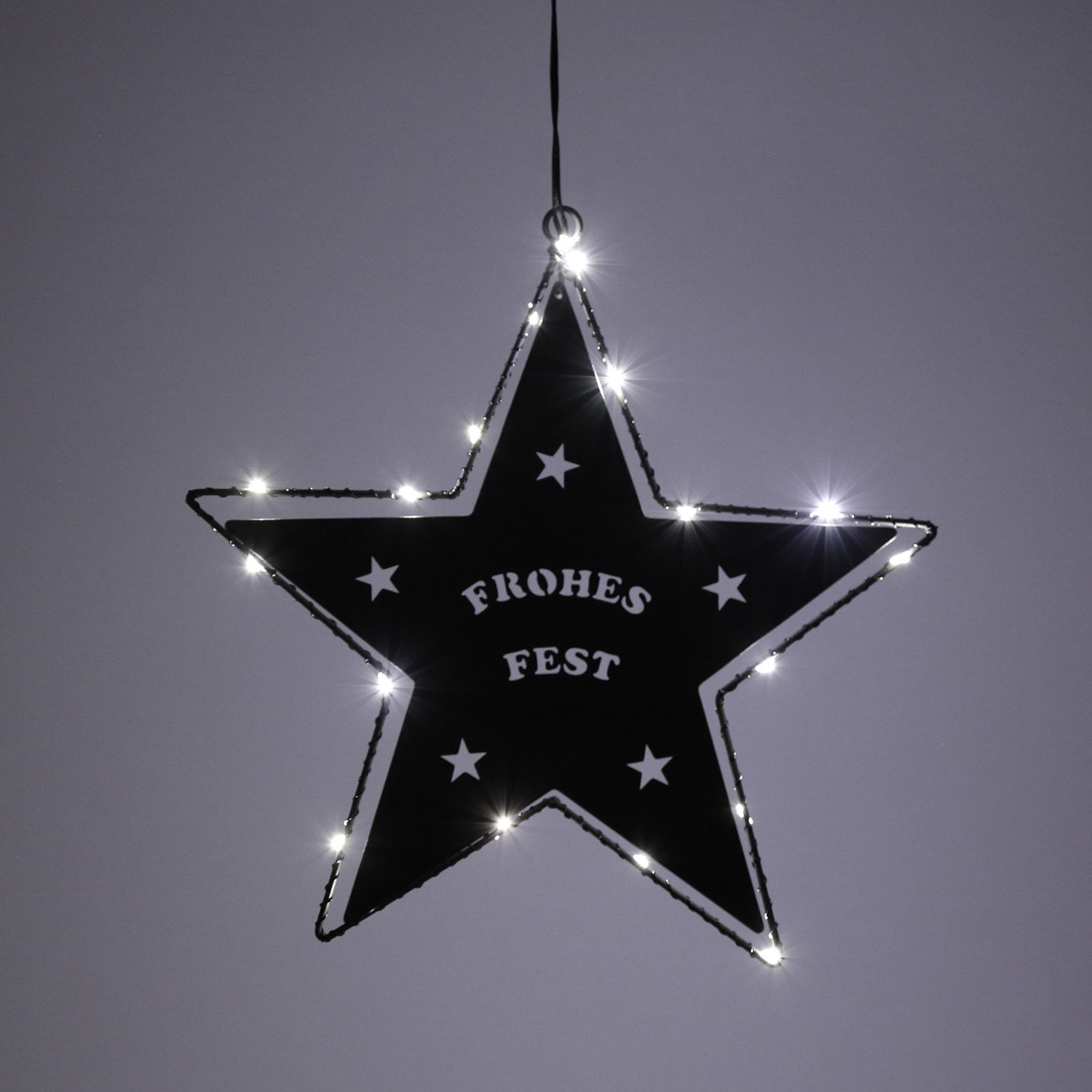 LED Hängestern FROHES FEST - Metallstern - 5-zackig - D: 27cm - 20 LED - Batteriebetrieb - schwarz LED Hängestern FROHES FEST - Metallstern - 5-zackig - D: 27cm - 20 LED - Batteriebetrieb - schwarz