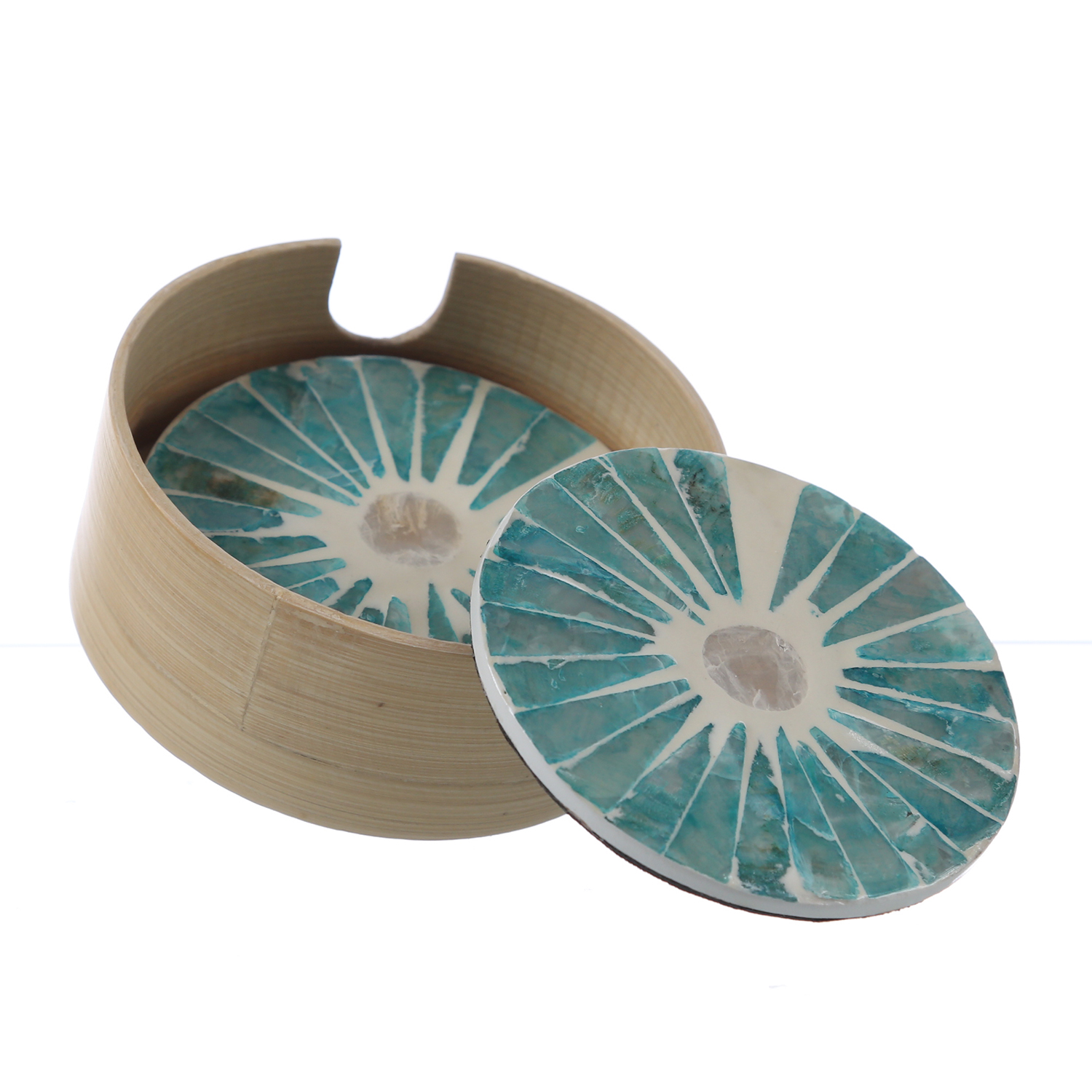 Getränkeuntersetzer - mediterranes Muster - Keramik - D: 9cm - rund - natur, grün, blau - 4er Set