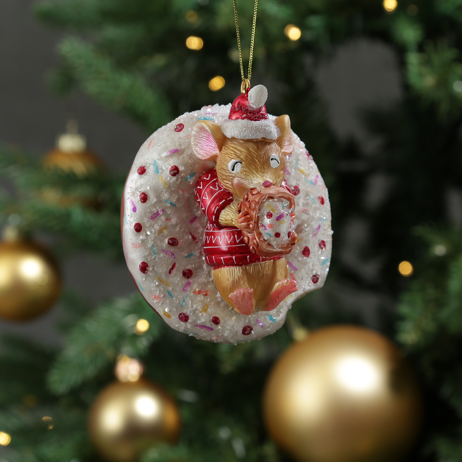 Weihnachtsbaumschmuck Mäuschen mit Donut - Christbaumschmuck - Glas - H: 10cm Weihnachtsbaumschmuck Mäuschen mit Donut - Christbaumschmuck - Glas - H: 10cm