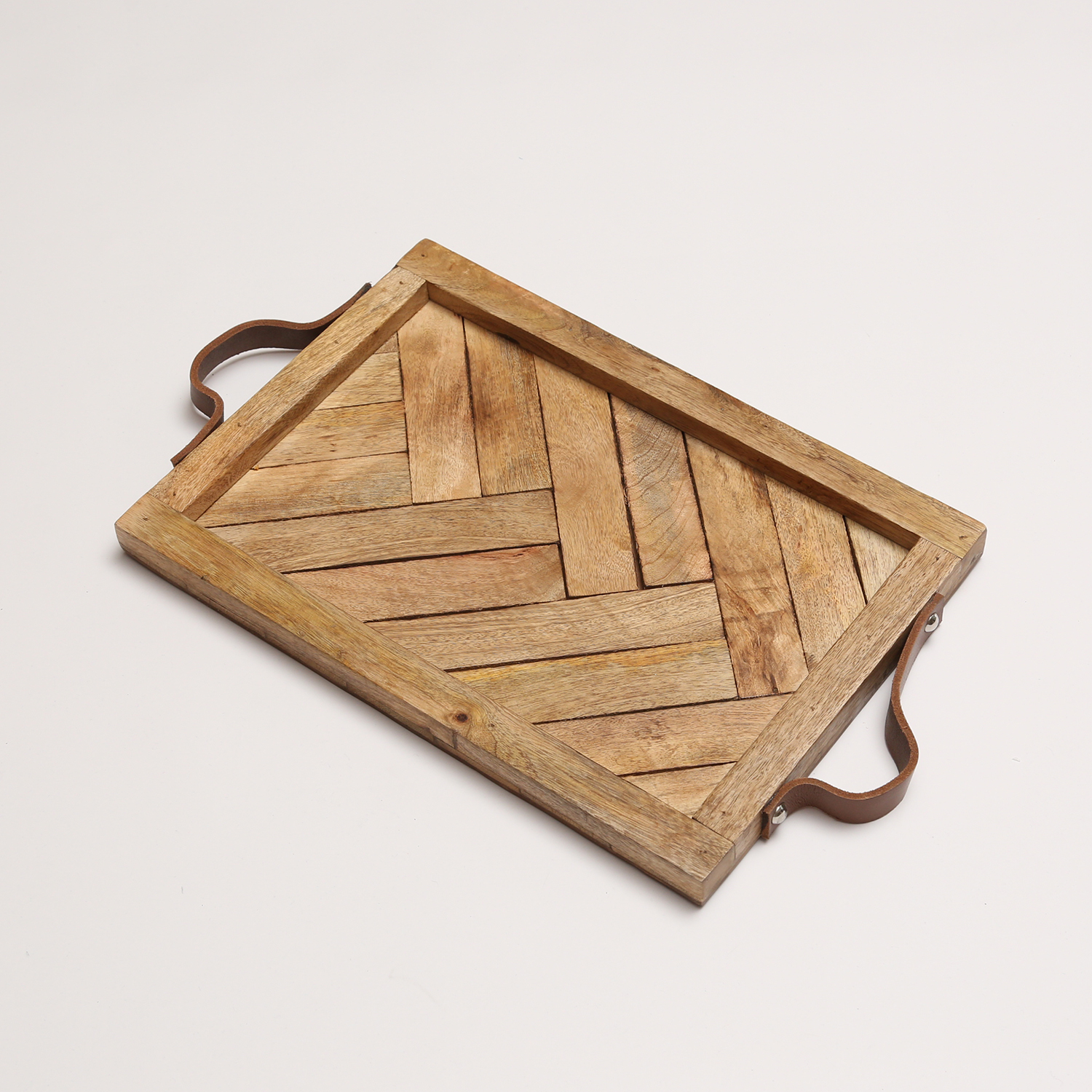 Holztablett - Dekotablett - Kunstledergriffe - rechteckig - Mangoholz - L: 54cm - H: 3cm - natur Holztablett - Dekotablett - Kunstledergriffe - rechteckig - Mangoholz - L: 54cm - H: 3cm - natur