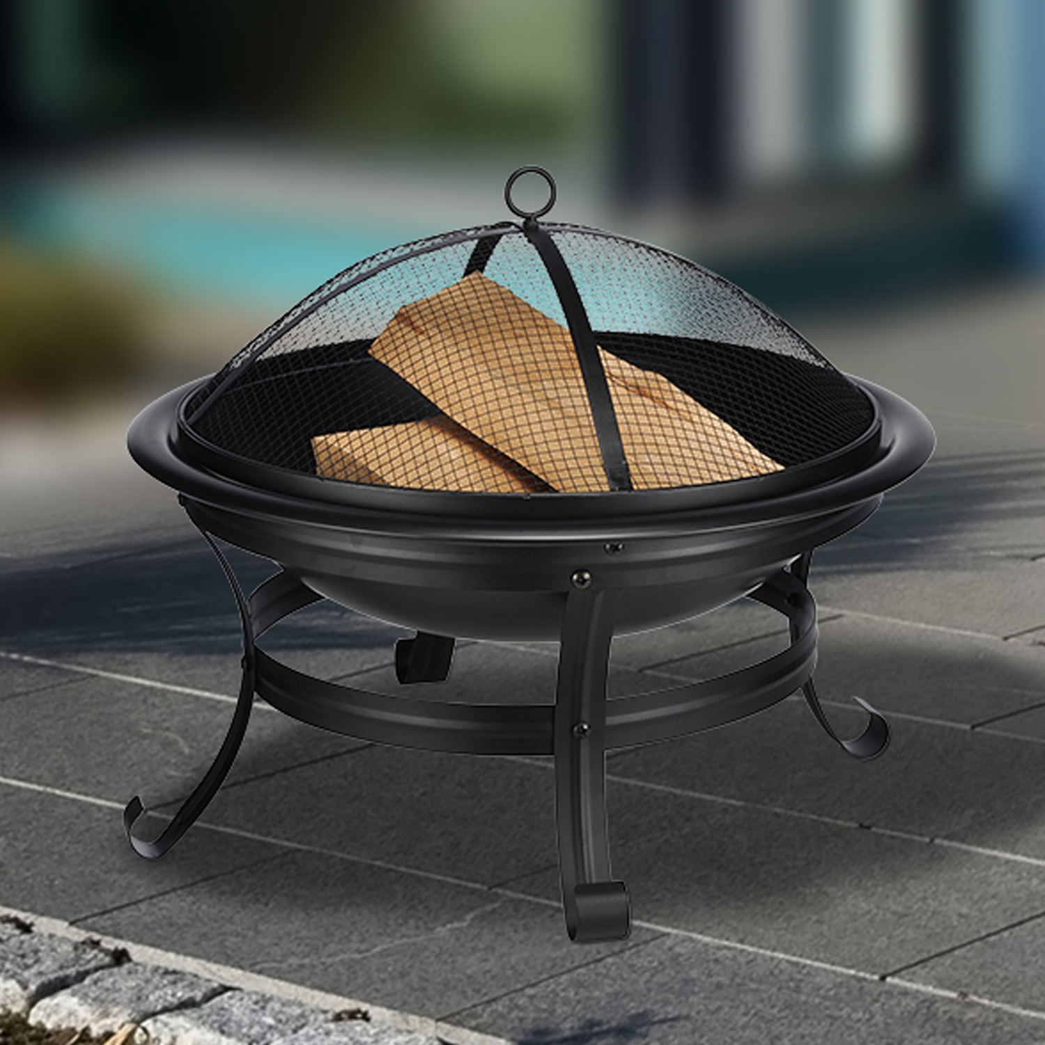 Feuerstelle mit Funkenschutzhaube - 55cm Feuerschale - Stahl - inkl. Schürhaken