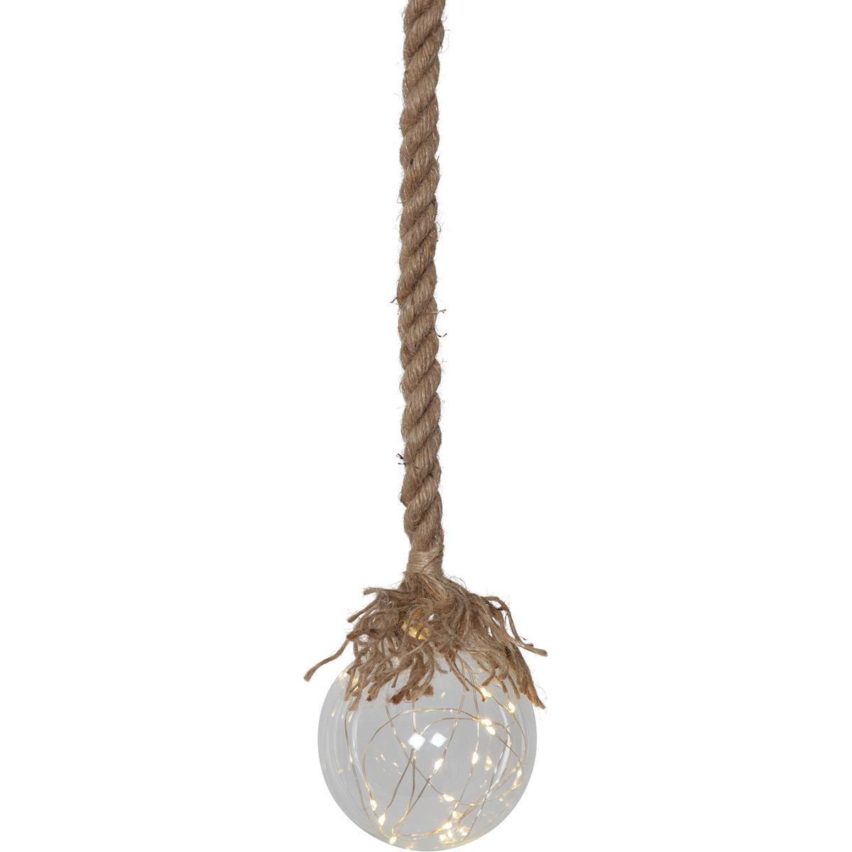 LED Glaskugel "Jutta" - mit Juteseil - 15 warmweiße LED am Draht - L: 140cm - D: 10cm - klar