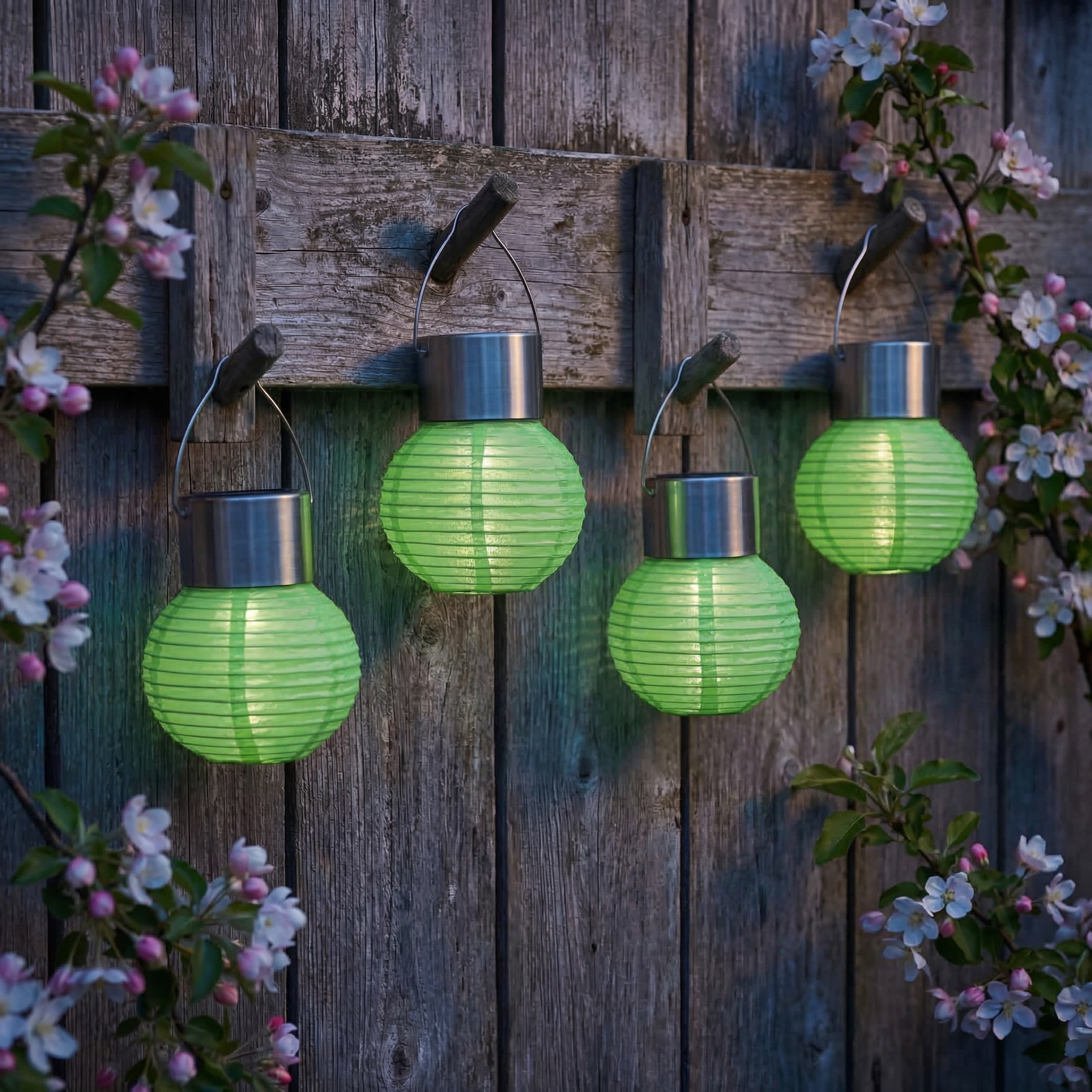 LED Solar Mini Lampions - kaltweiße LED - H: 9,5cm - D: 7cm - Lichtsensor - grün - 4er Set